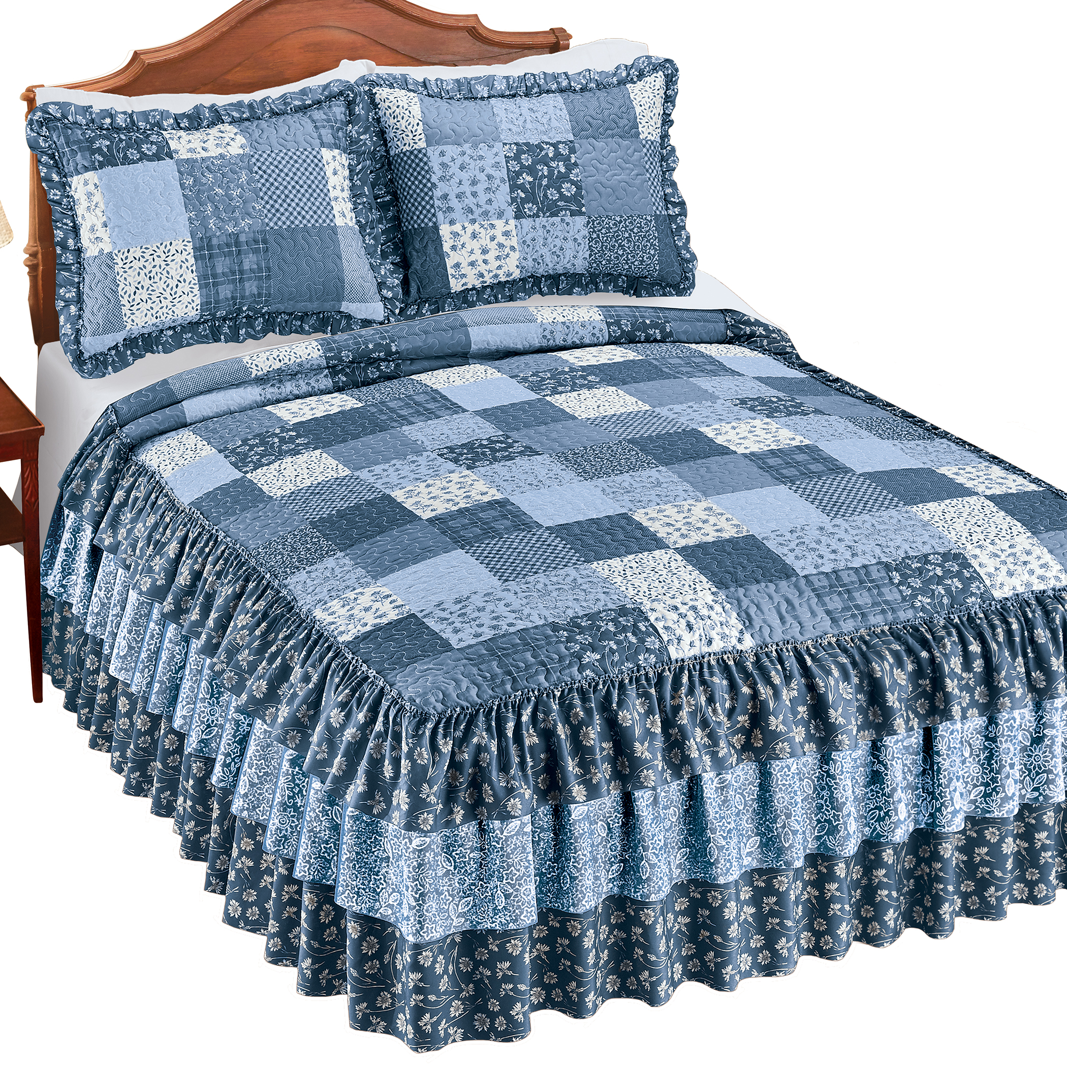 Classic Patchwork Triple Ruffle Trim Bedspread King Blue Multi