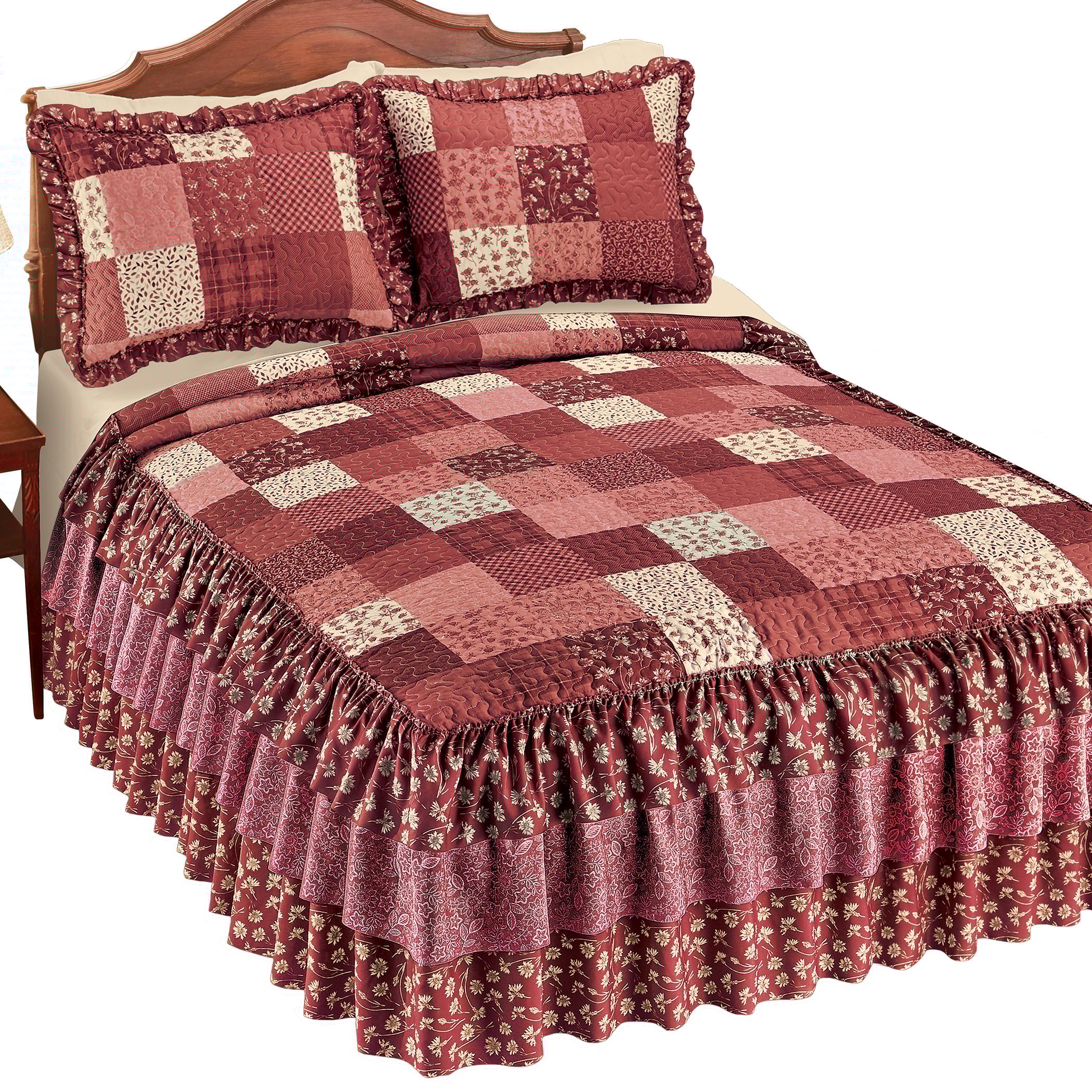 Classic Patchwork Triple Ruffle Trim Bedspread Queen Burgundy Multi