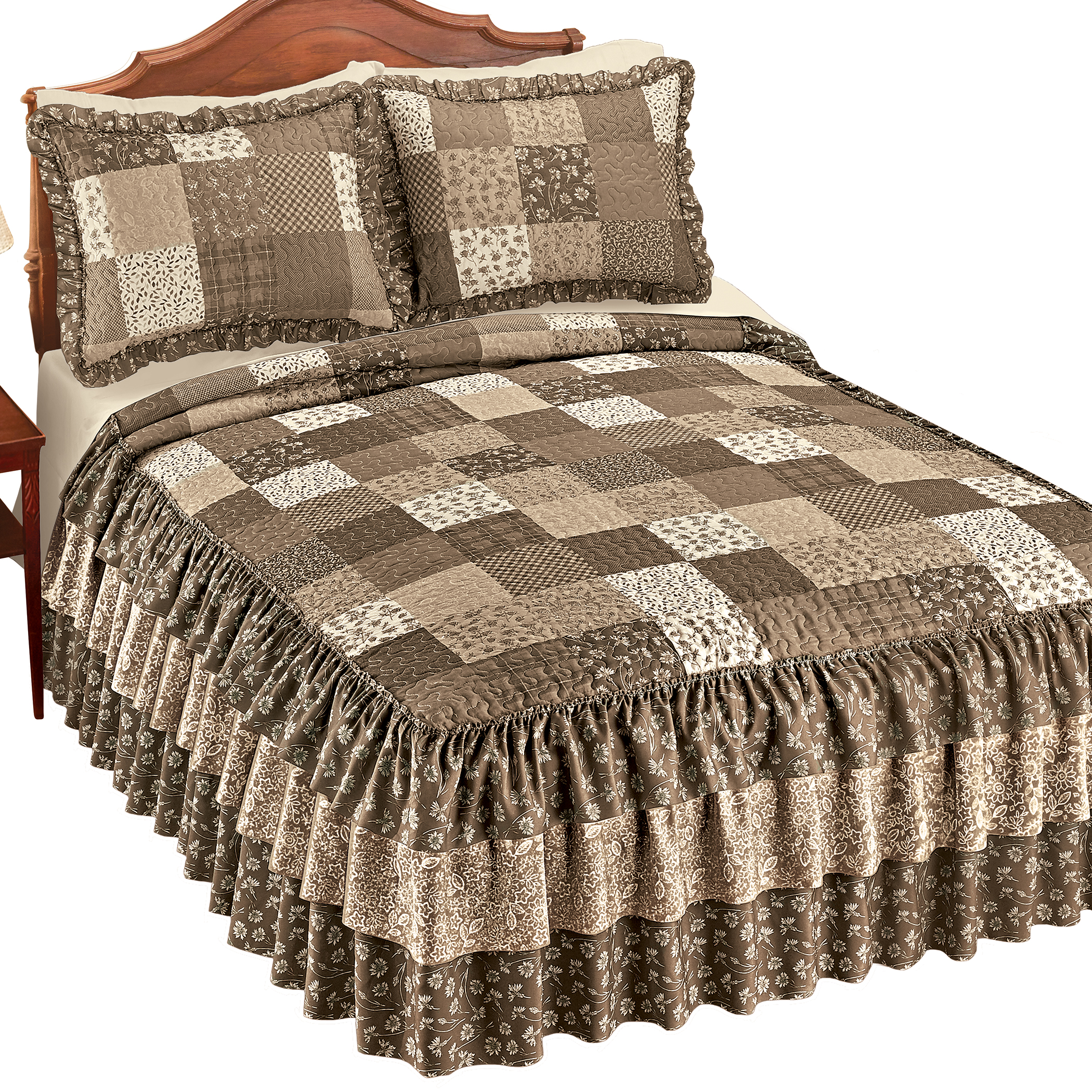 Classic Patchwork Triple Ruffle Trim Bedspread King Neutral Multi