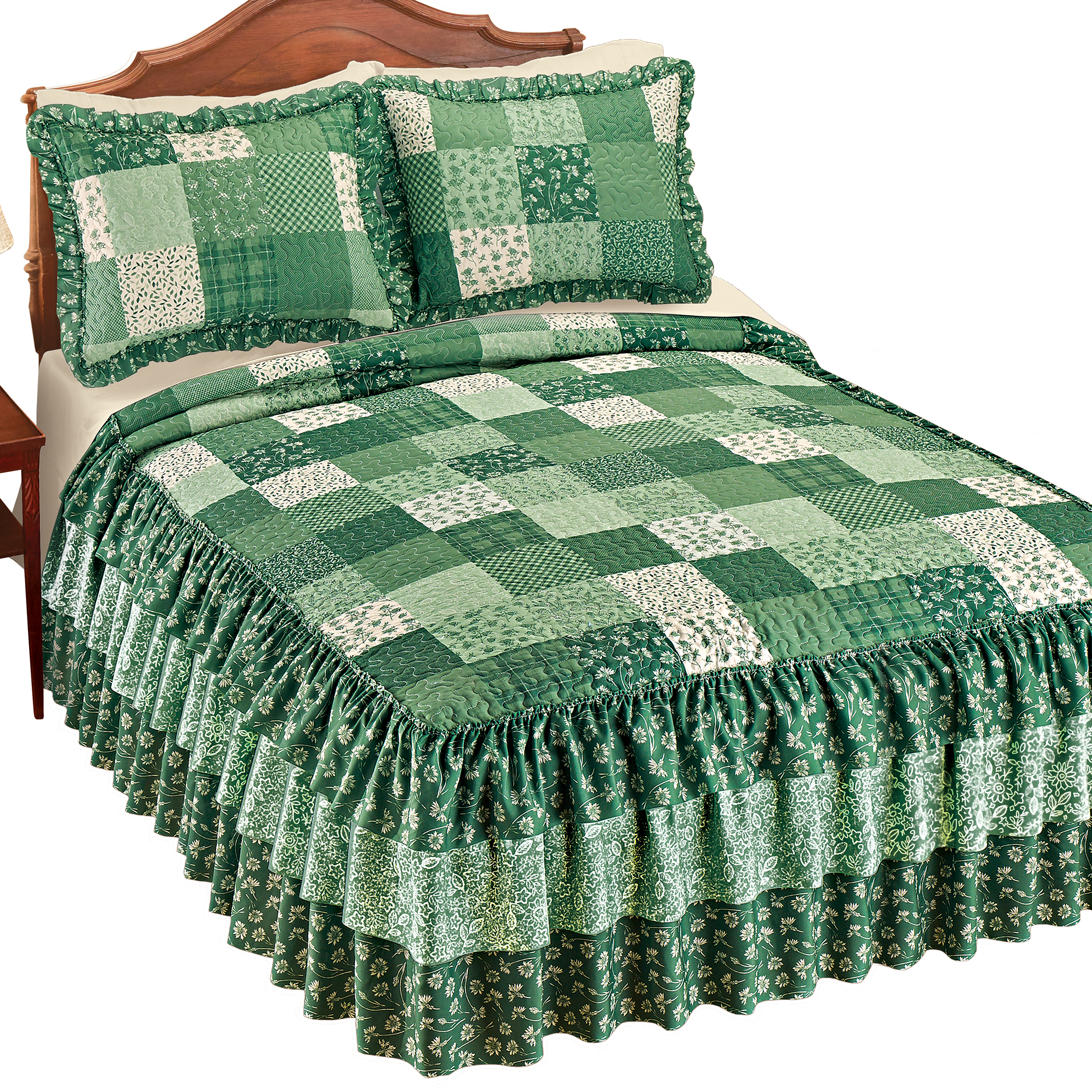 Classic Patchwork Triple Ruffle Trim Bedspread Queen Sage Multi