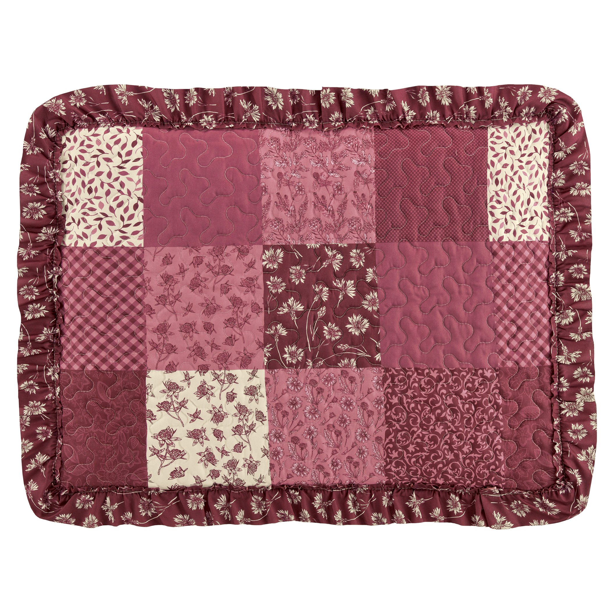 Classic Patchwork Ruffled Edge Pillow Sham Sham Burgundy Multi