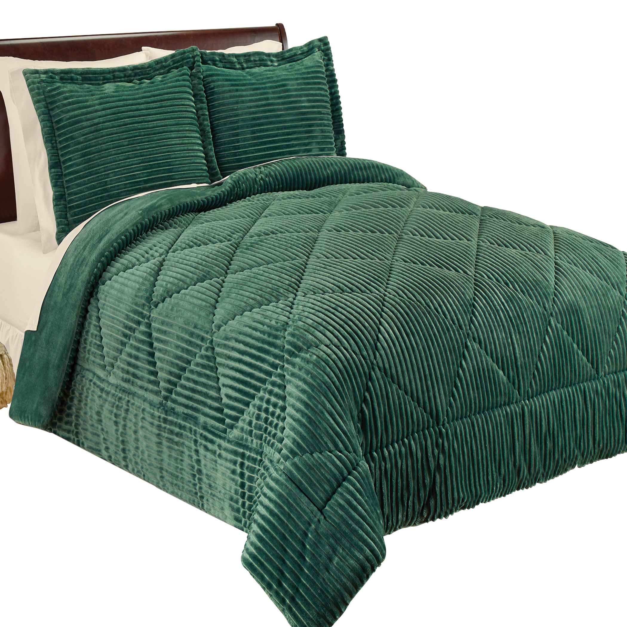 Elegant Ribbed Design Soft Plush Texture Comforter King Evergreen