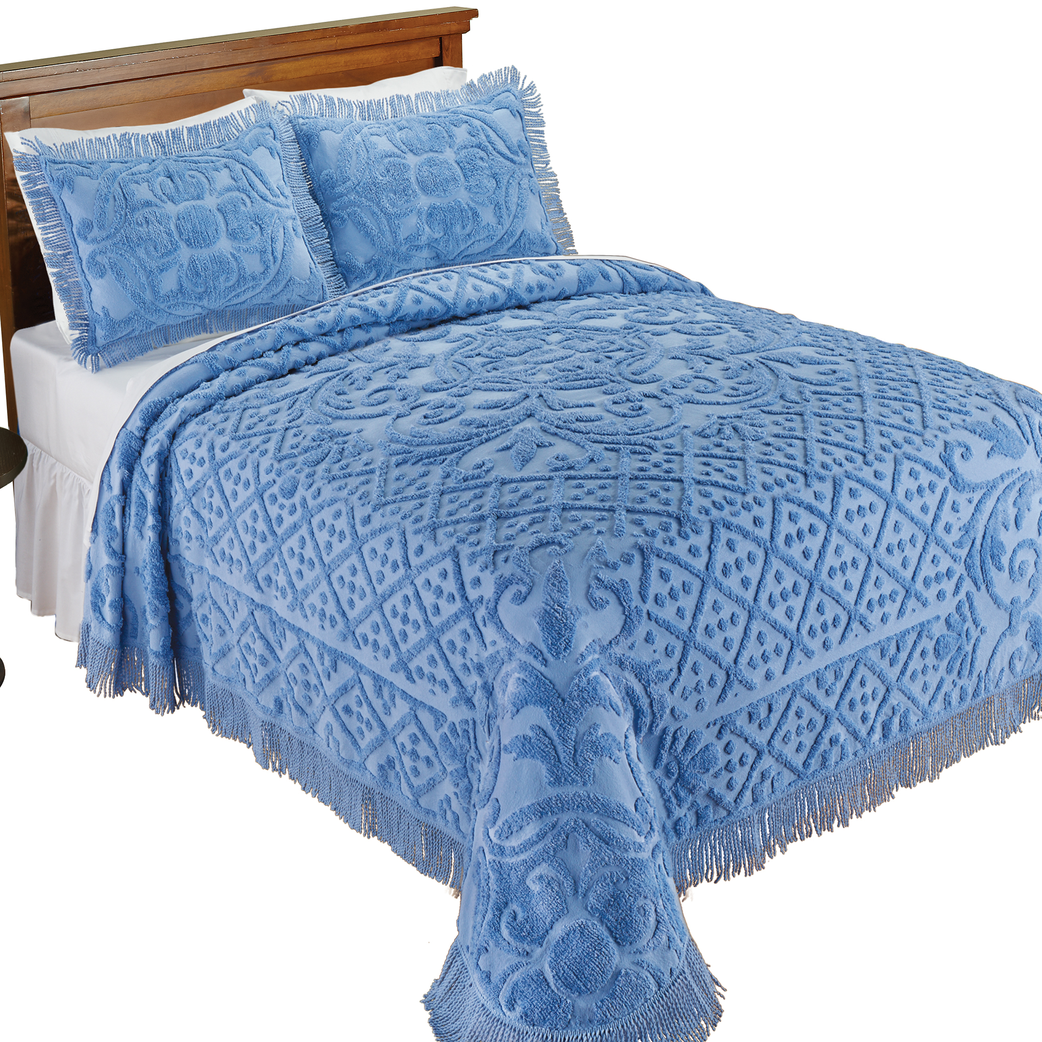 Diana Textured Design Fringe Border Chenille Bedspread Queen Blue