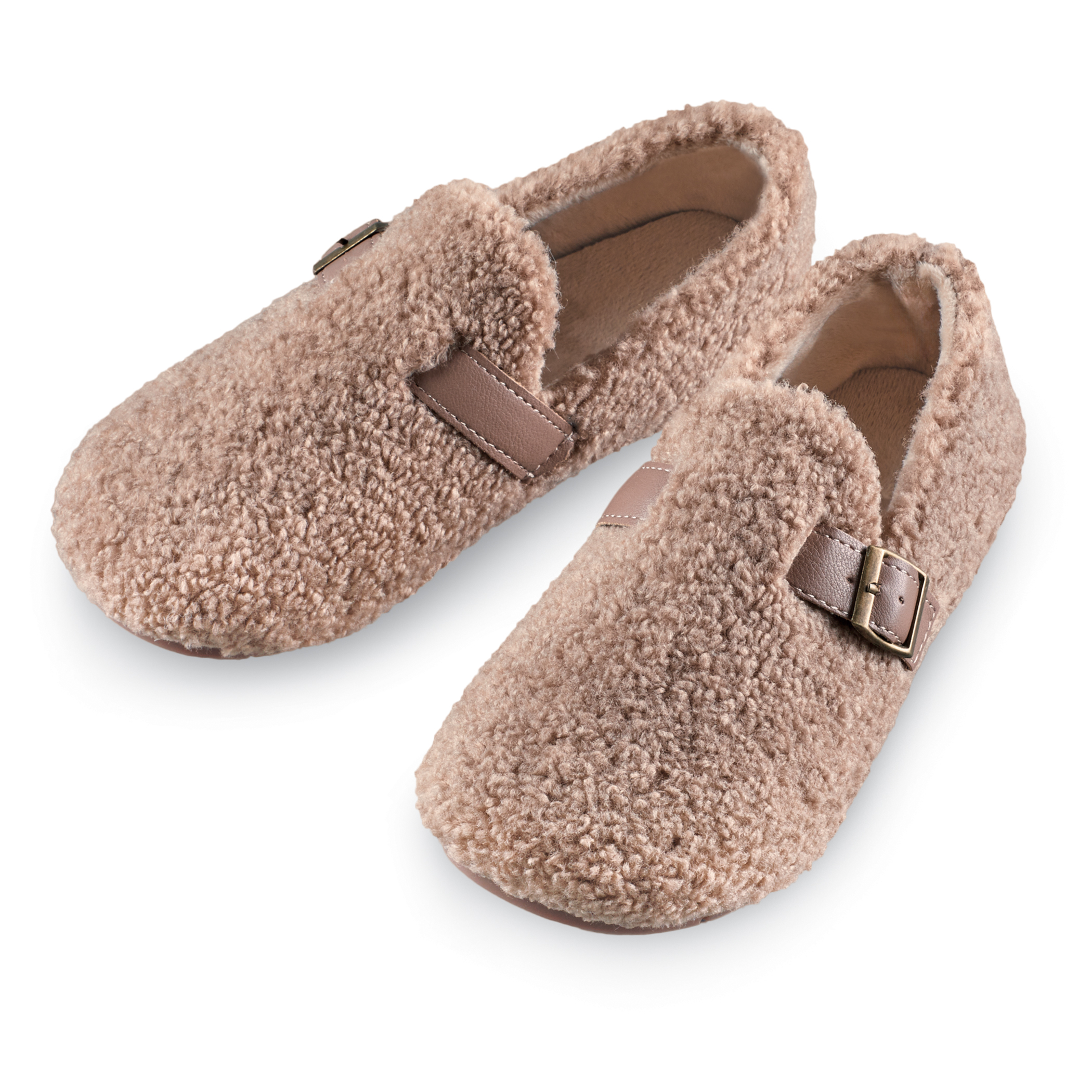 Fleece Indoor/Outdoor Shoes with Buckle Accent 8 Female Tan
