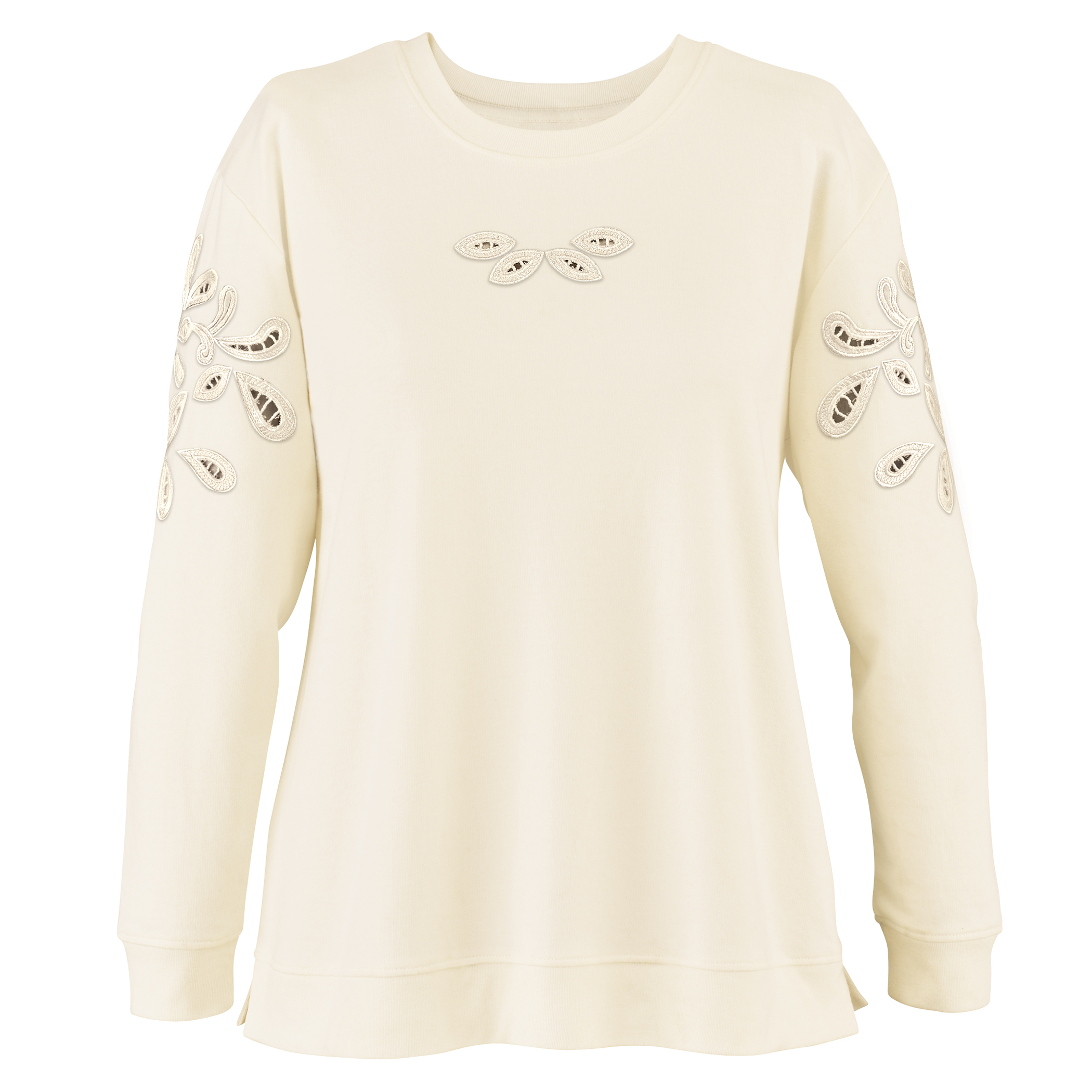 Eyelet Detail Long Sleeve Fleece Pullover Top Large Women Ivory