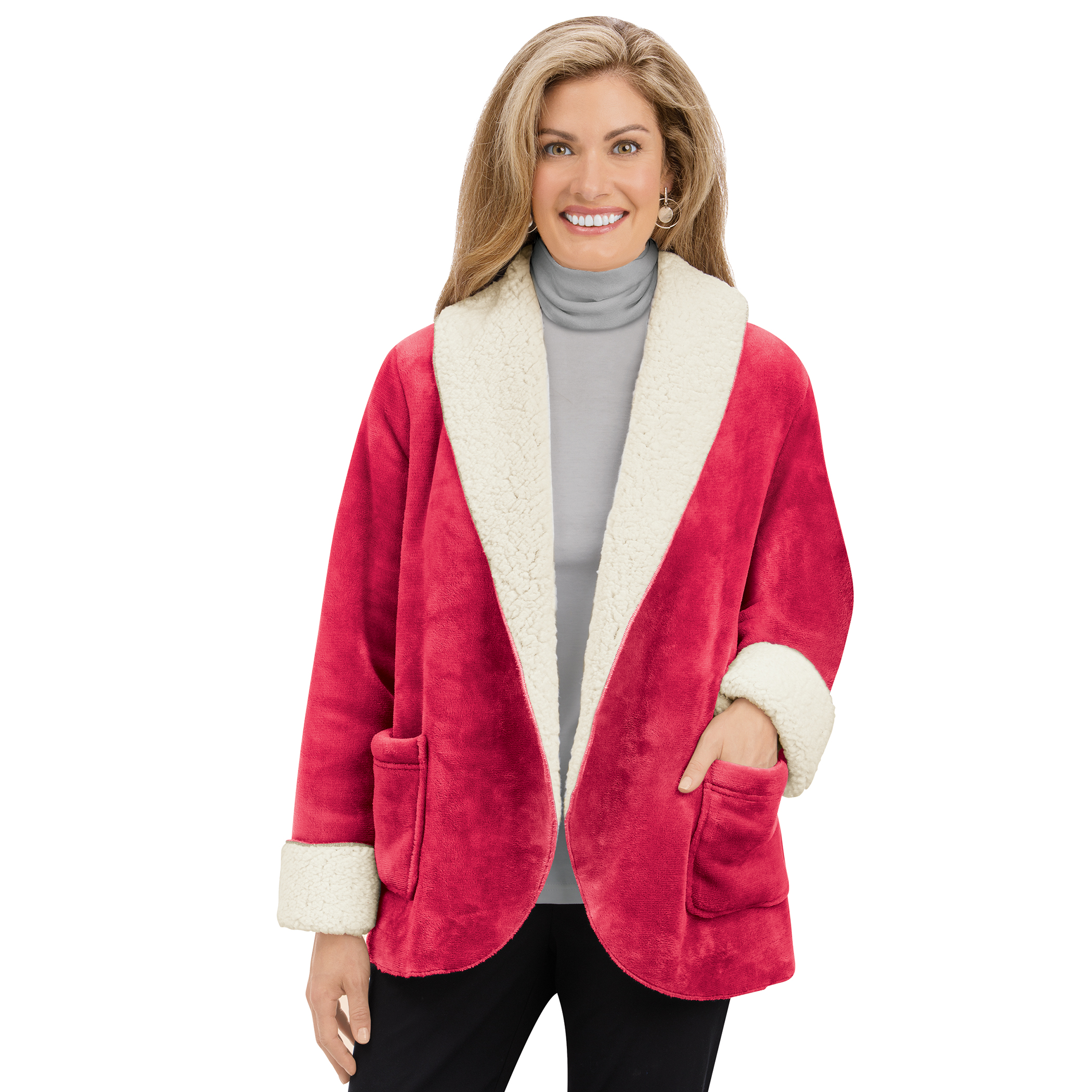 Cozy Soft Fleece Shawl Collar Open-Front Jacket with Pockets Medium Female Burgundy