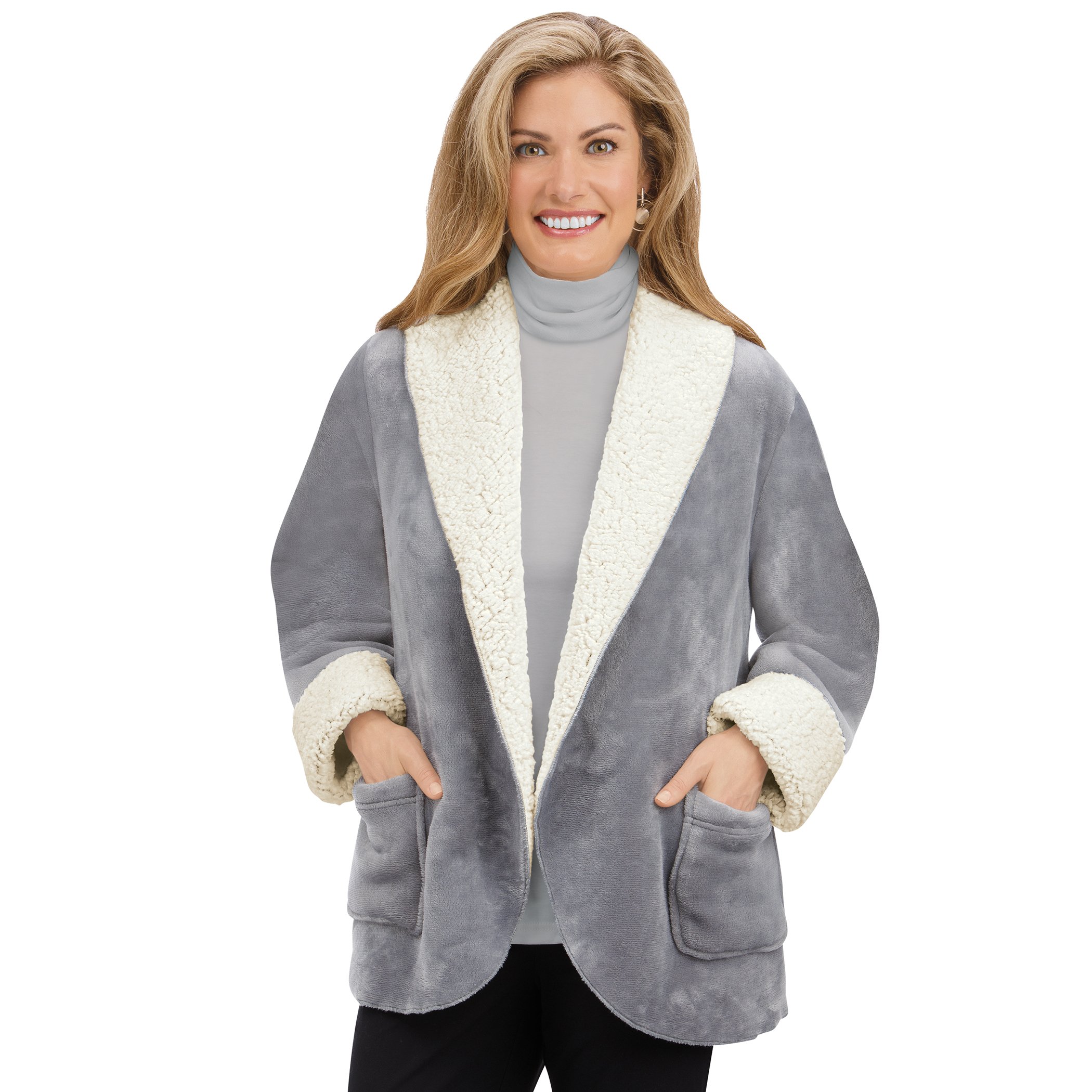 Cozy Soft Fleece Shawl Collar Open-Front Jacket with Pockets X-Large Female Gray