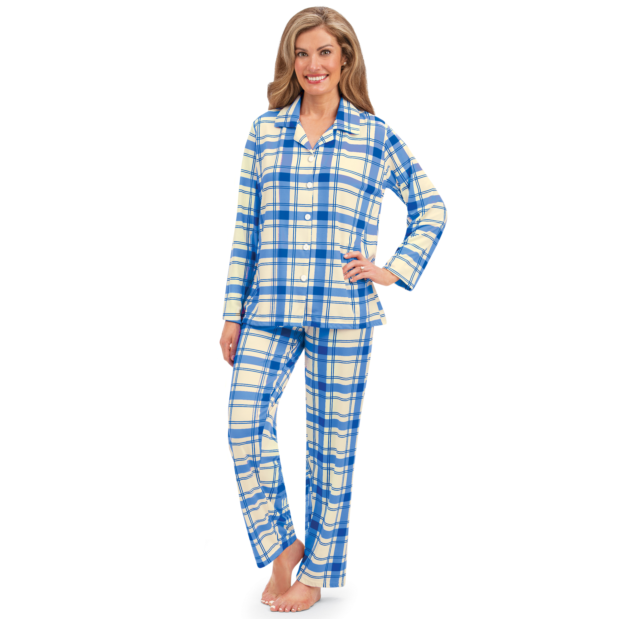 Feminine Plaid Soft 2-Piece Knit Pajama Set Large Women Blue