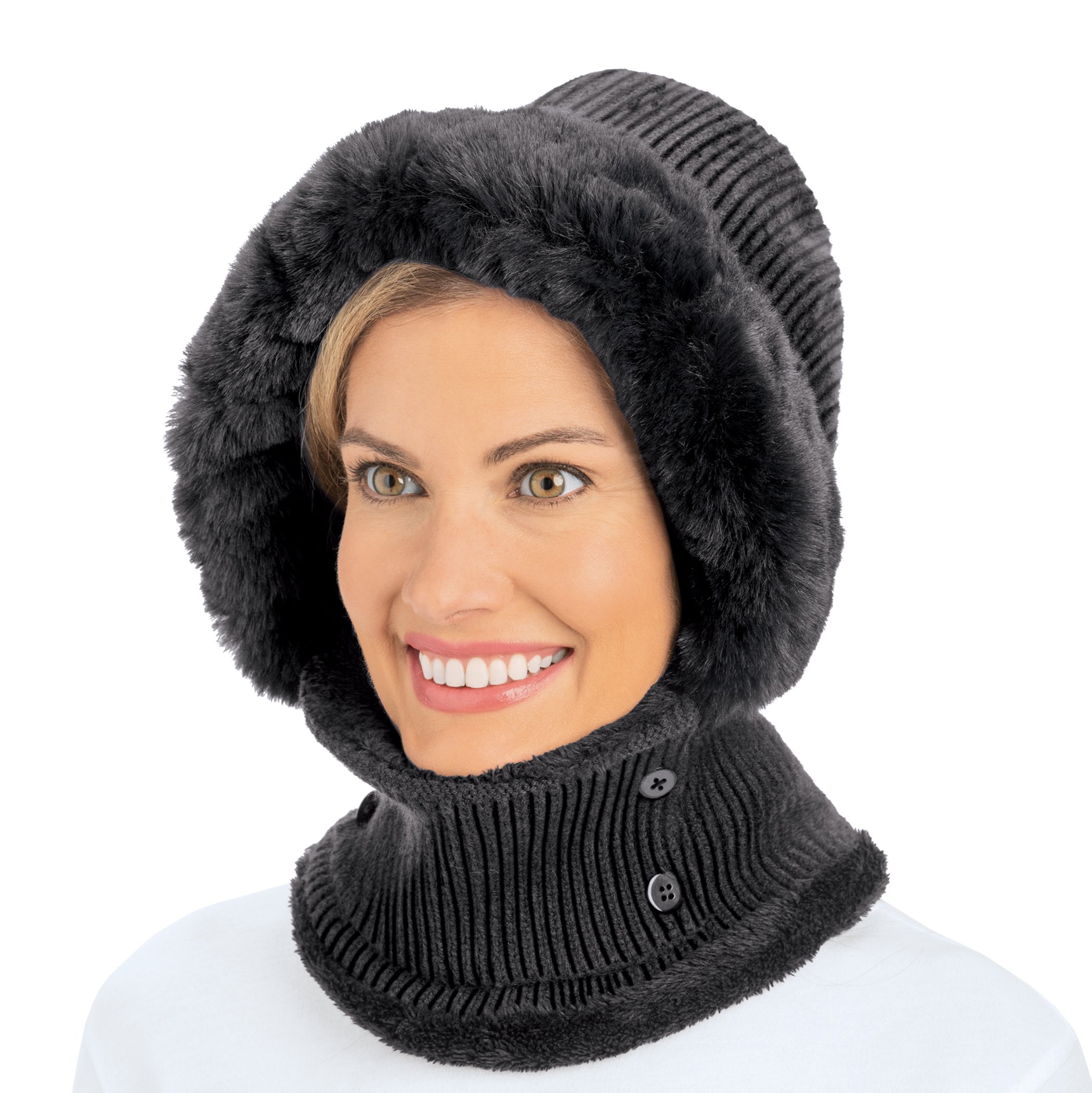 Warm Knit Faux Fur Trim Hat with Face Mask Women Black