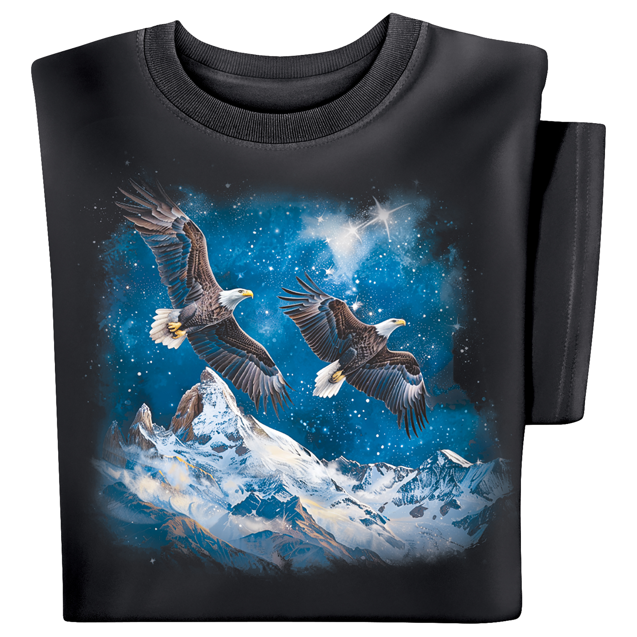 Bald Eagles & Snowcap Mountains Short Sleeve Graphic Tee Large Gender Neutral Black
