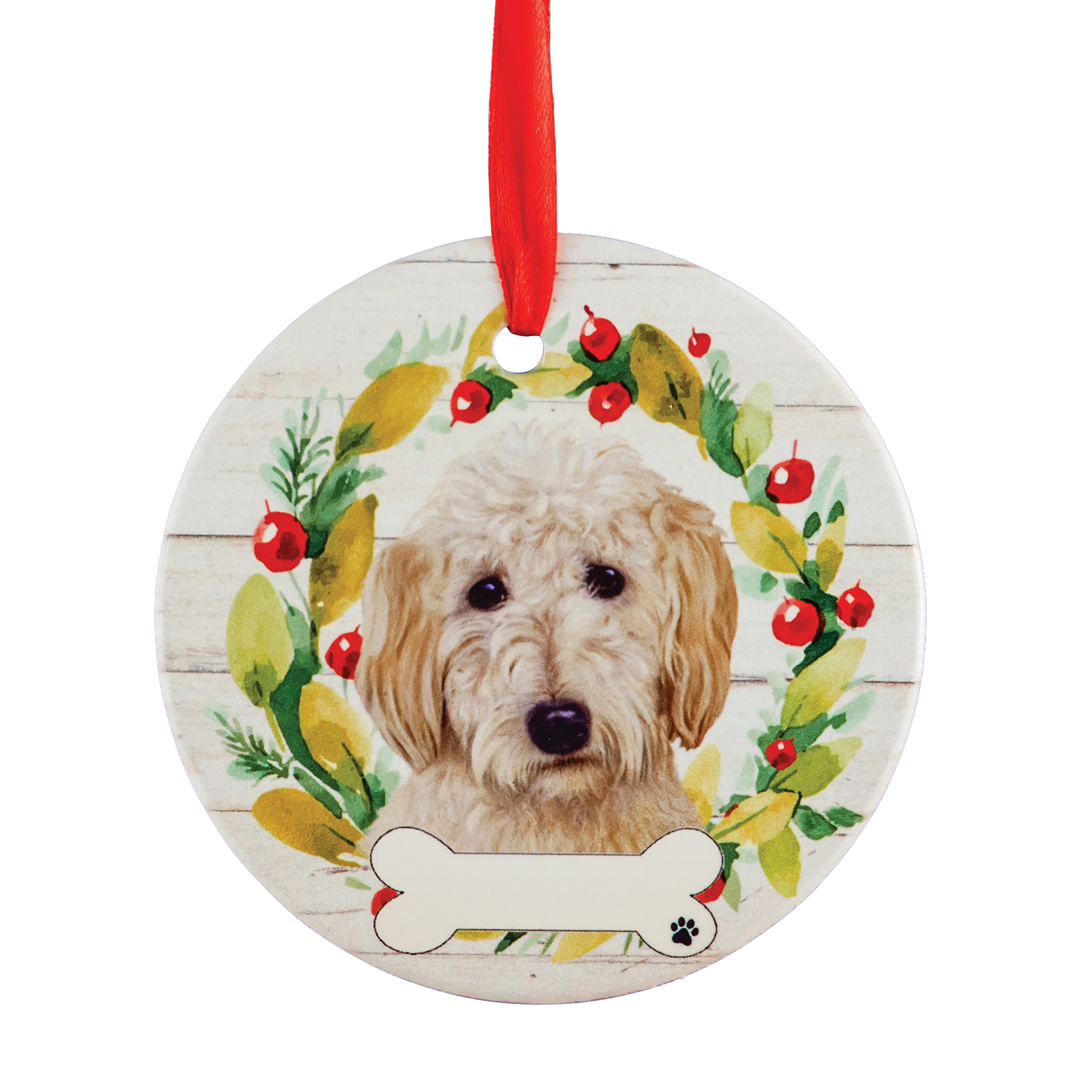 Personalizable Pet Name Wreath Christmas Ornament Goldendoodle