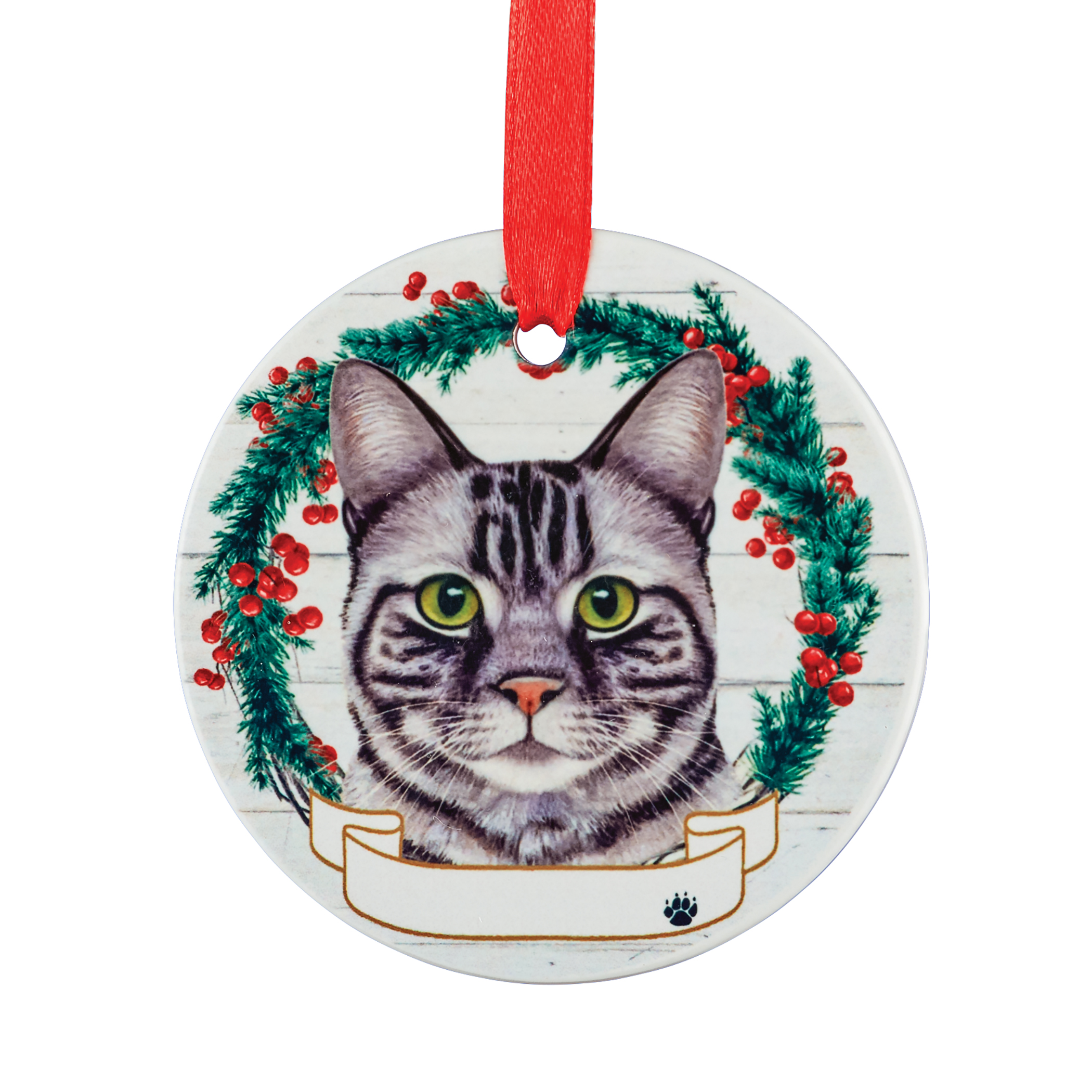 Personalizable Pet Name Wreath Christmas Ornament Gray Tabby Cat Grey