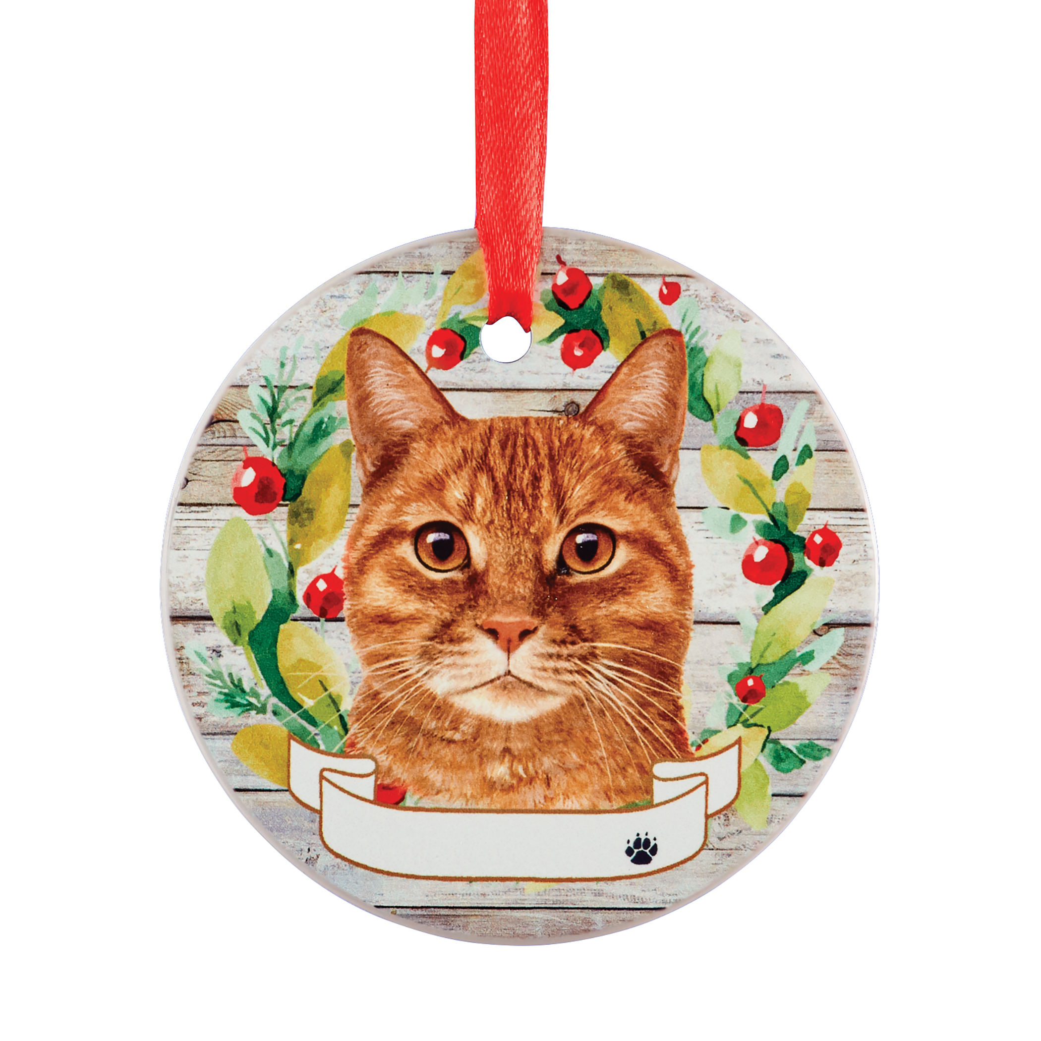 Personalizable Pet Name Wreath Christmas Ornament Orange Tabby Cat
