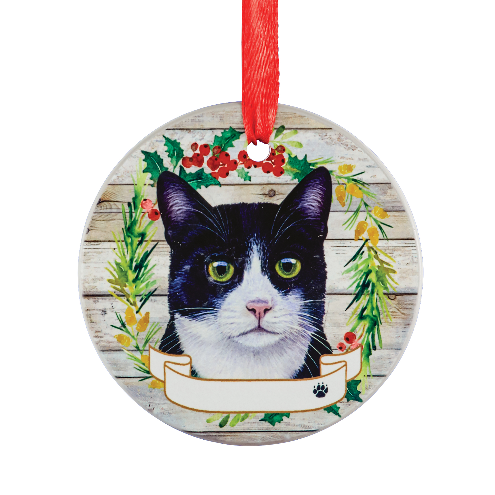 Personalizable Pet Name Wreath Christmas Ornament Tuxedo Cat