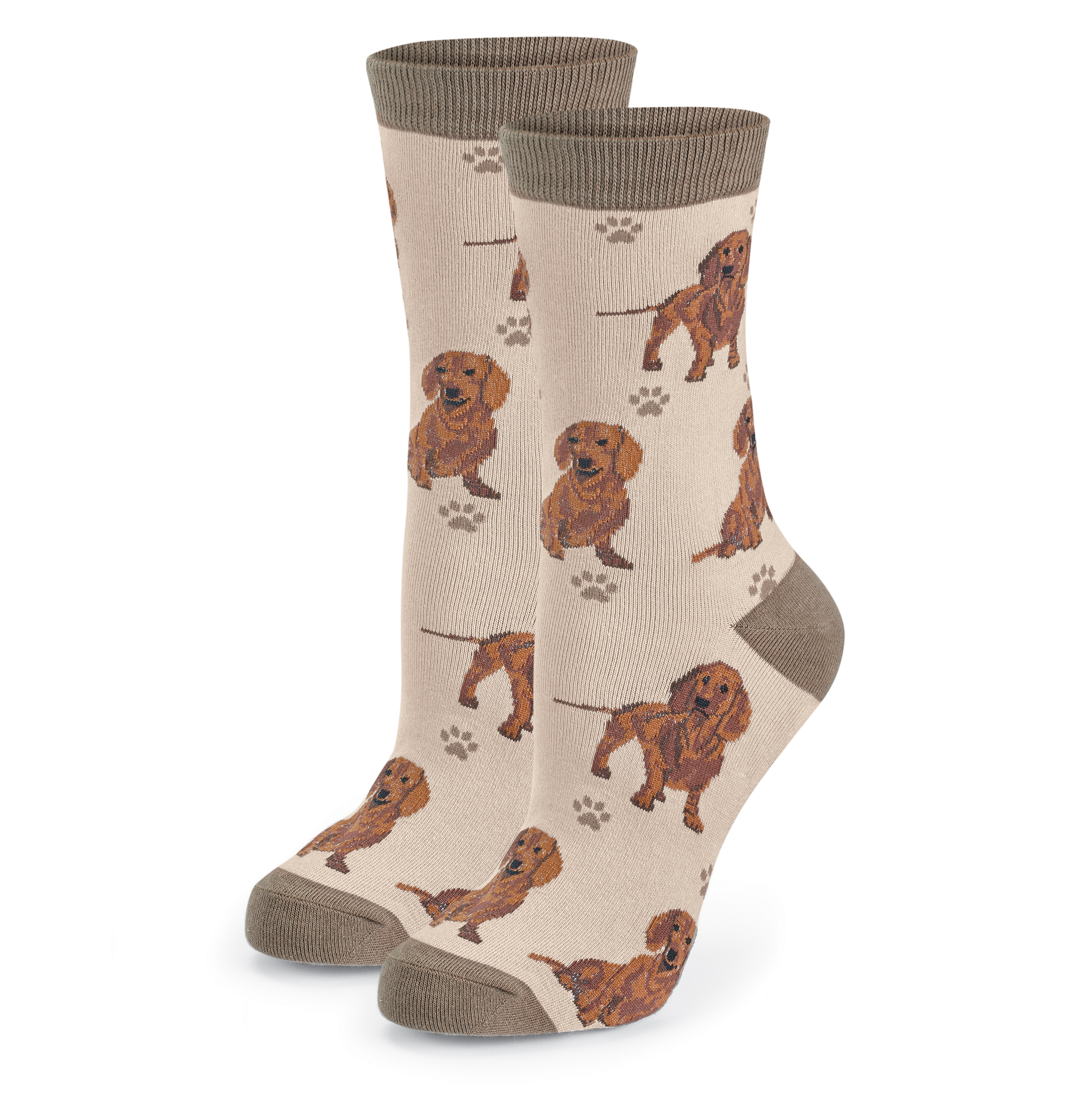 Comfortable Dog Breed and Paw Prints Novelty Crew Socks Dachshund Brown