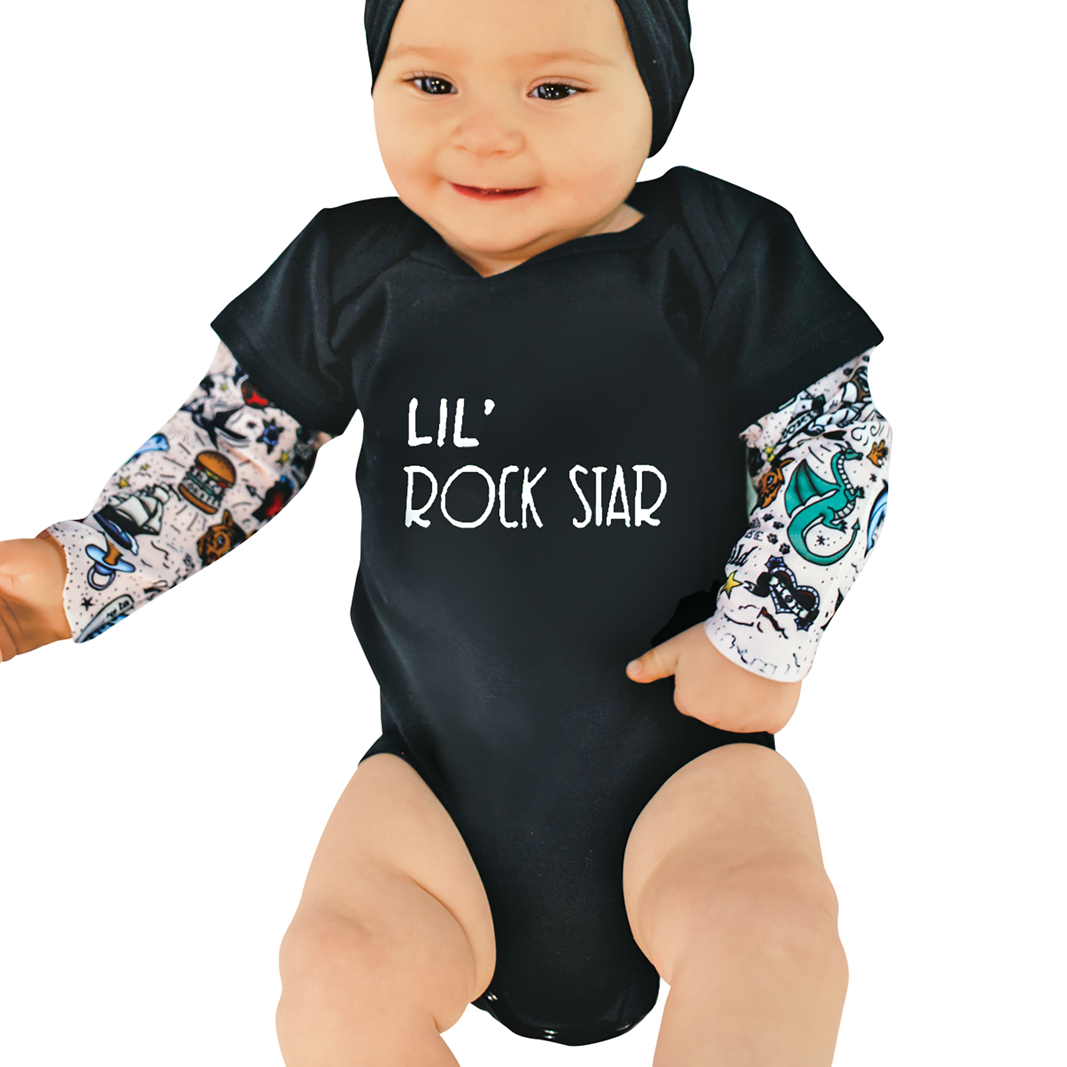 Lil' Rock Star Baby One Piece Outfit with Mesh Tattoo Sleeves
