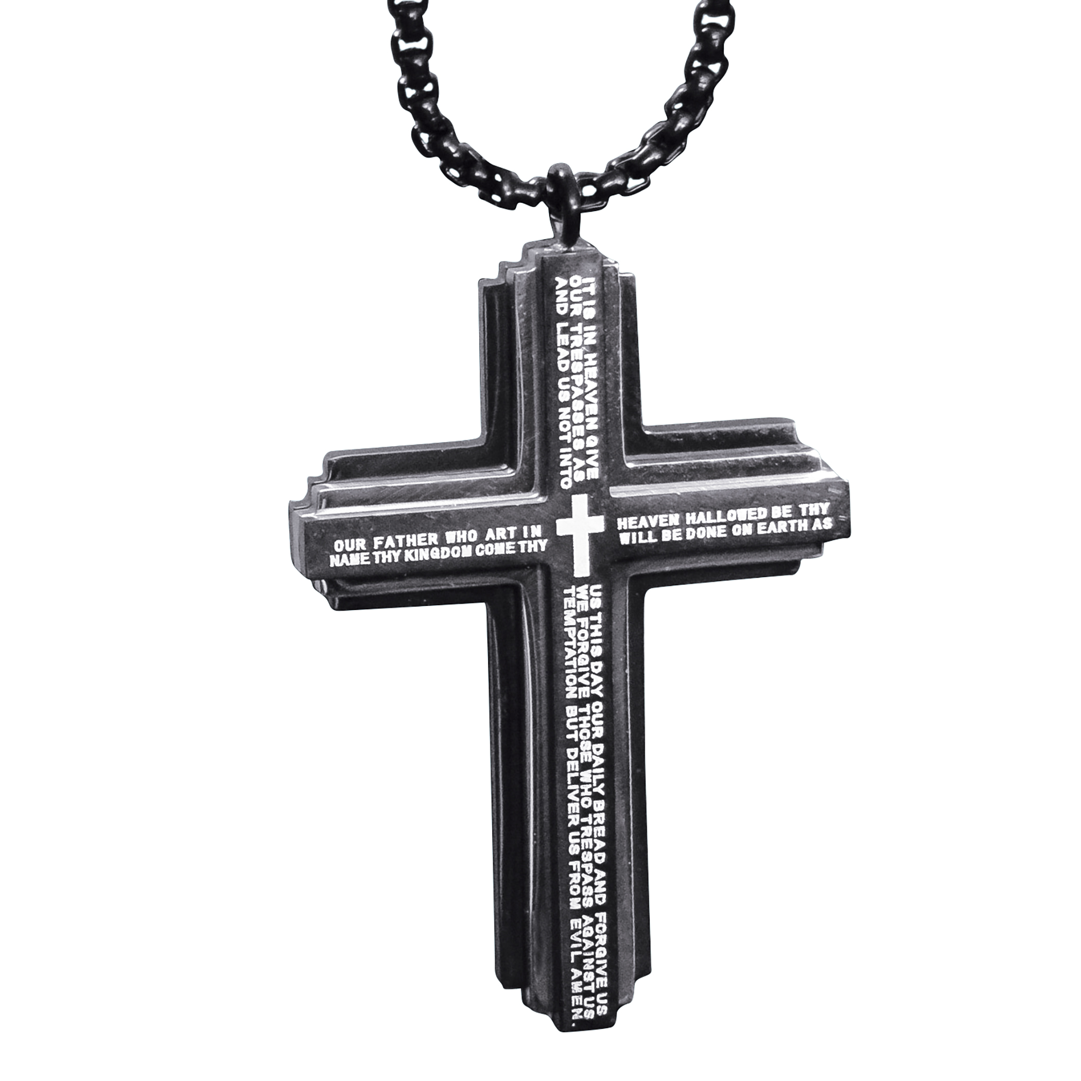The Lord's Prayer Stainless Steel Cross Necklace Black