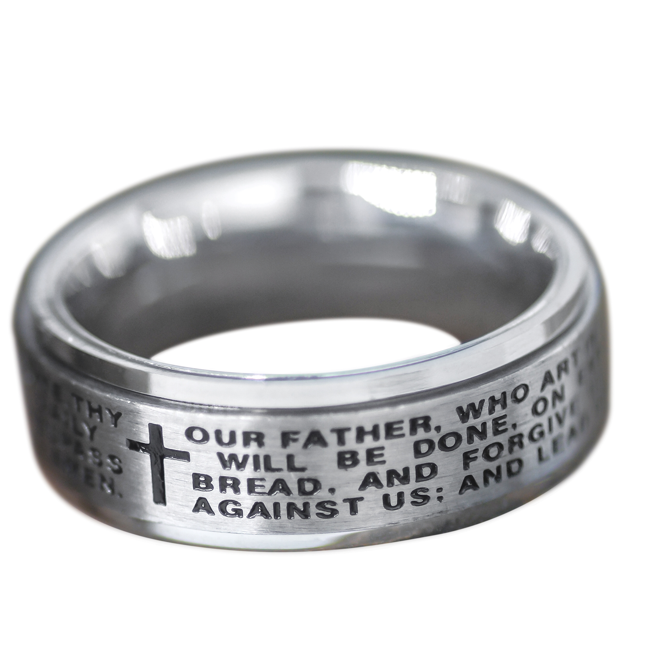 The Lord's Prayer Stainless Steel Spinner Center Ring Size 13 Silver