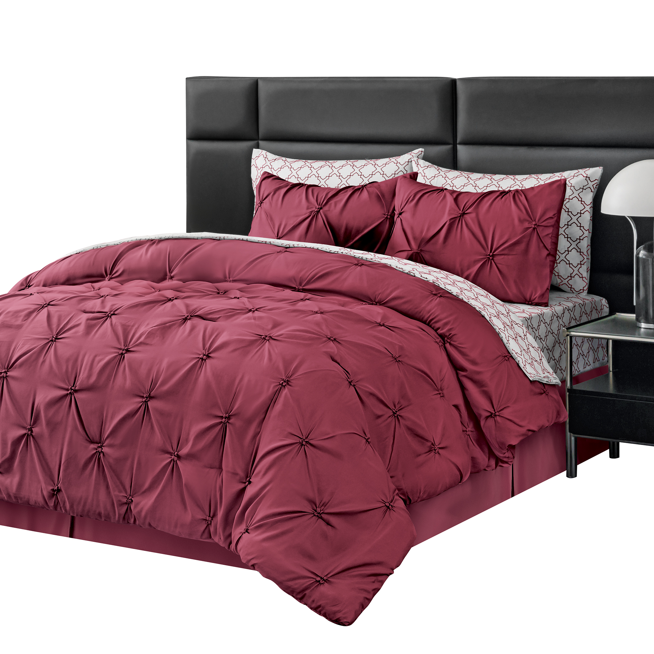 4-Piece Elegant Pintuck Luxurious Comforter Set Full/Queen Gender Neutral Burgundy, Full/Queen