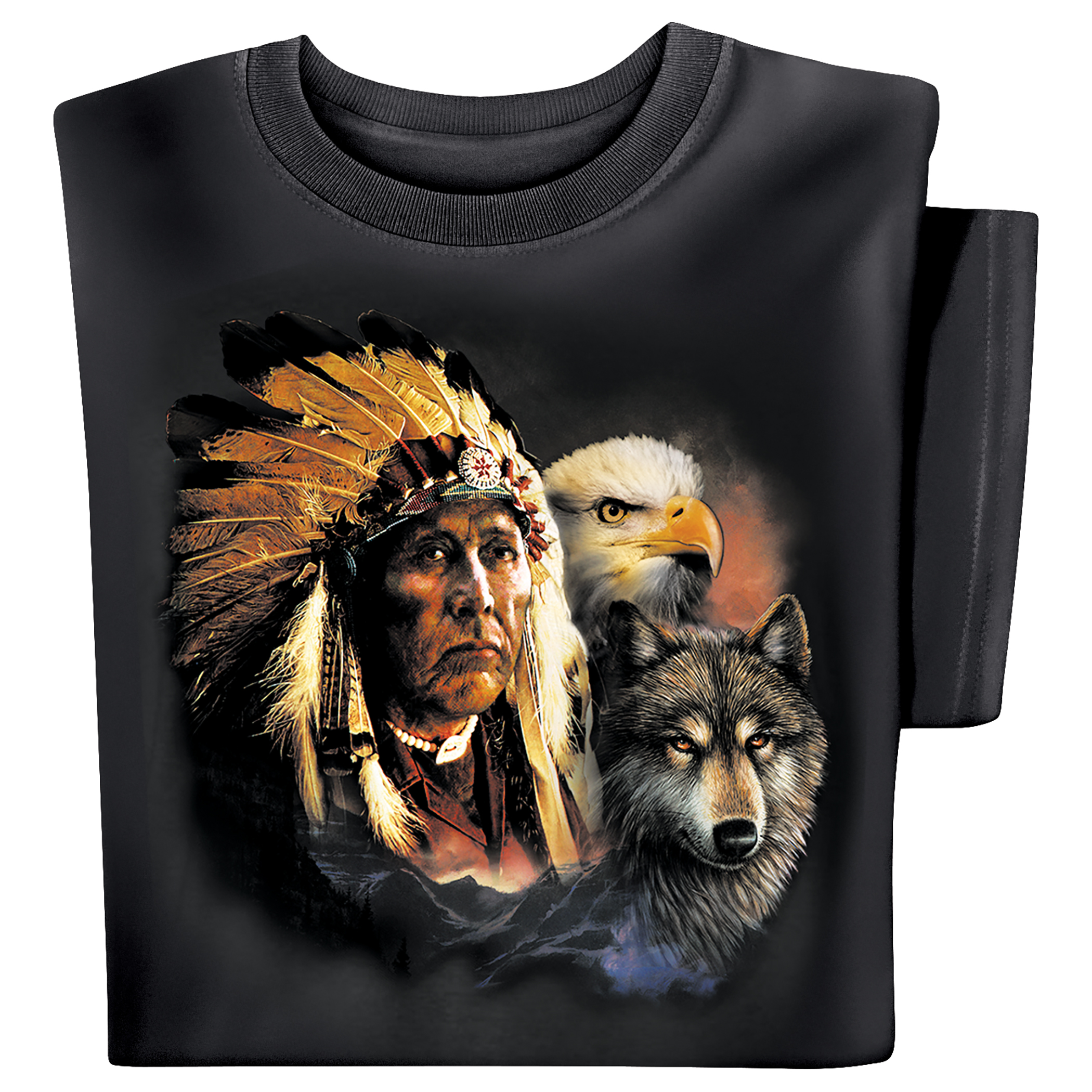 Indian, Eagle, and Wolf Short Sleeve Graphic T-Shirt Medium Gender Neutral Black