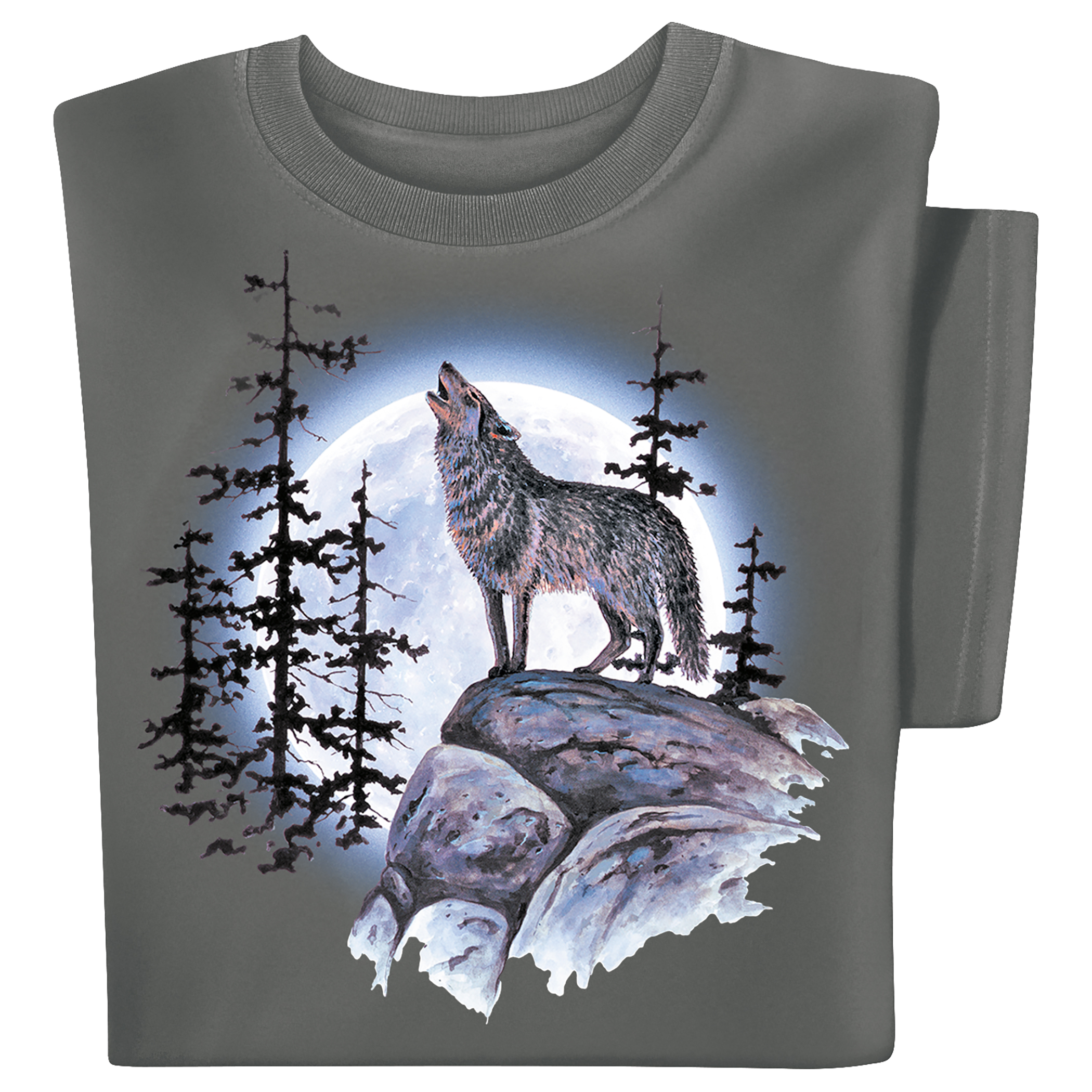Majestic Wolf Moon Scene Graphic T-Shirt Medium Gender Neutral Charcoal