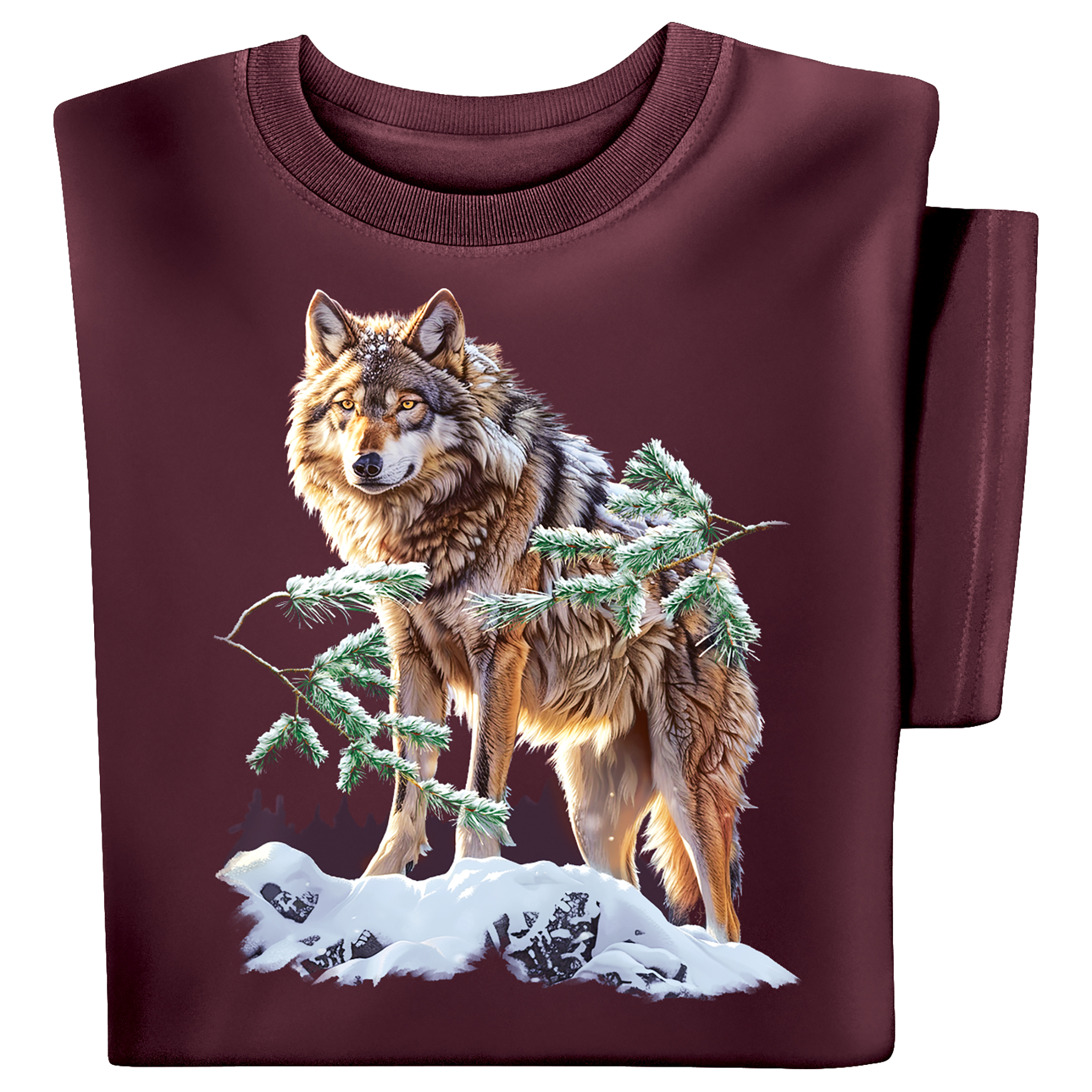 Wolf on Snowy Ridge Short Sleeve Graphic Tee Medium Gender Neutral Burgundy