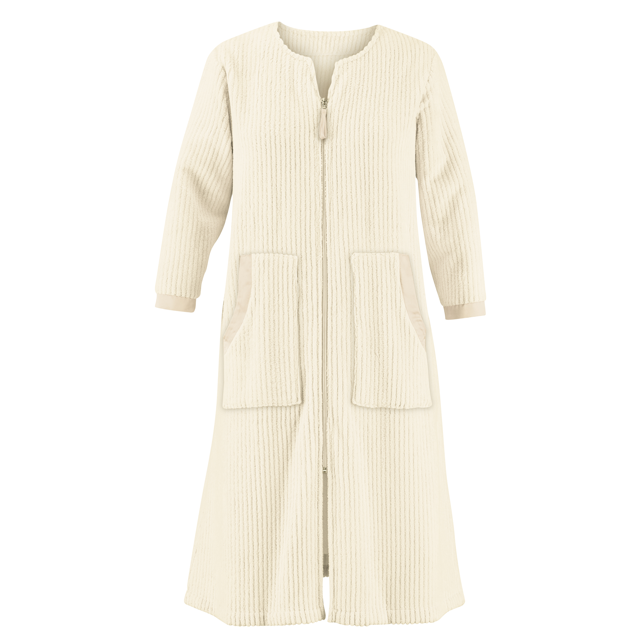 Textured Satiny Trimmed Plush Zip Front Robe XX-Large Women Ivory