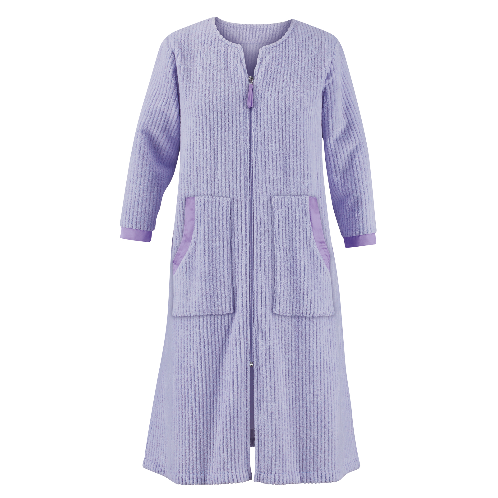 Textured Satiny Trimmed Plush Zip Front Robe X-Large Women Lavender