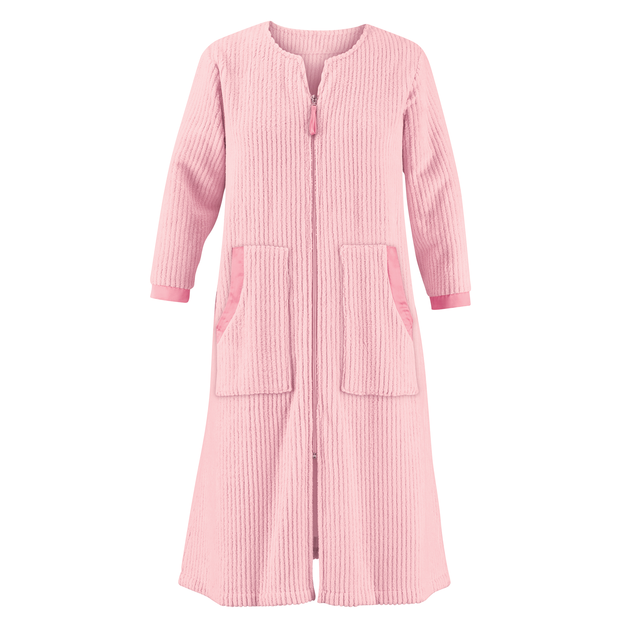 Textured Satiny Trimmed Plush Zip Front Robe XX-Large Women Pink