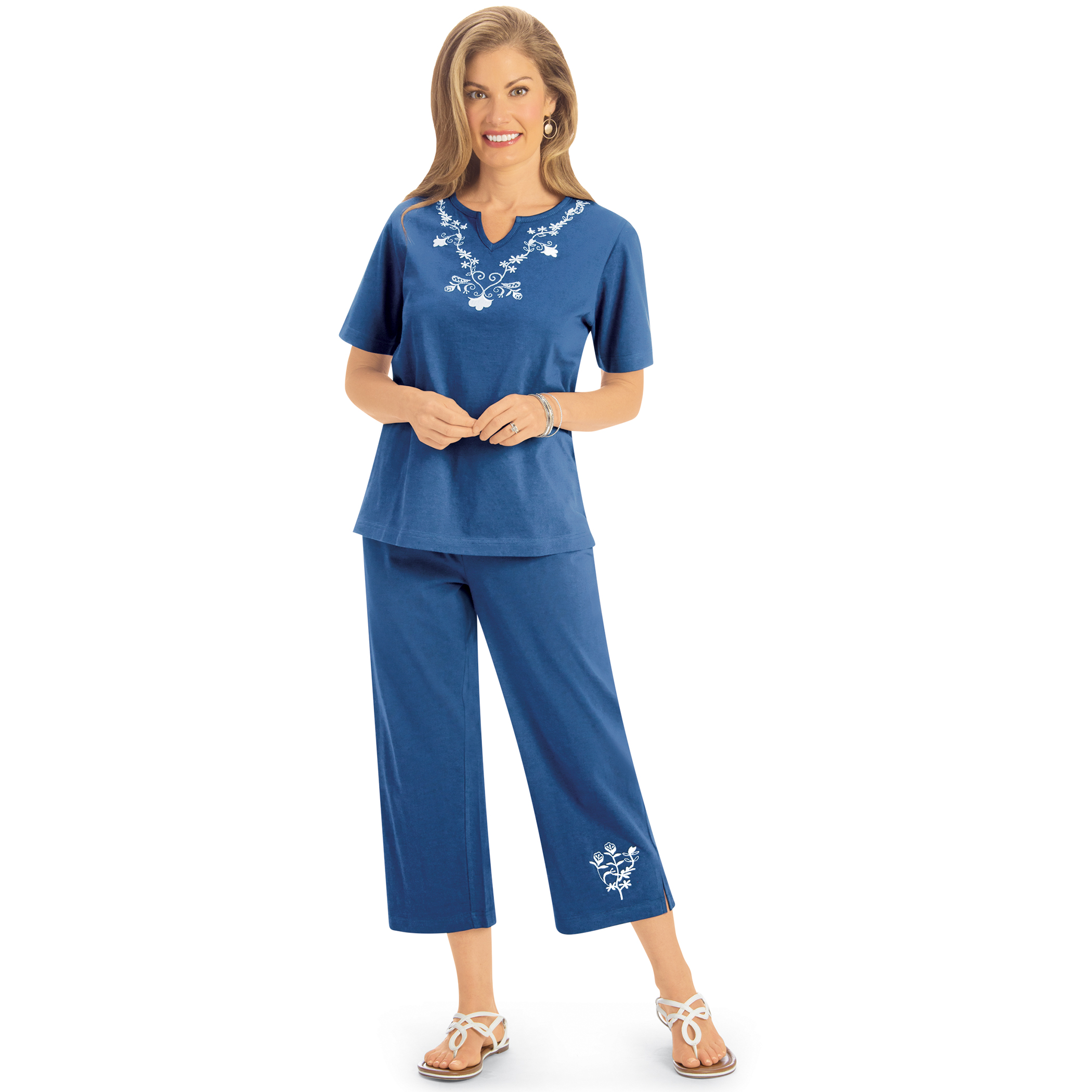 Floral Embroidered 2-Piece Knit Pajama Set Large Women Navy