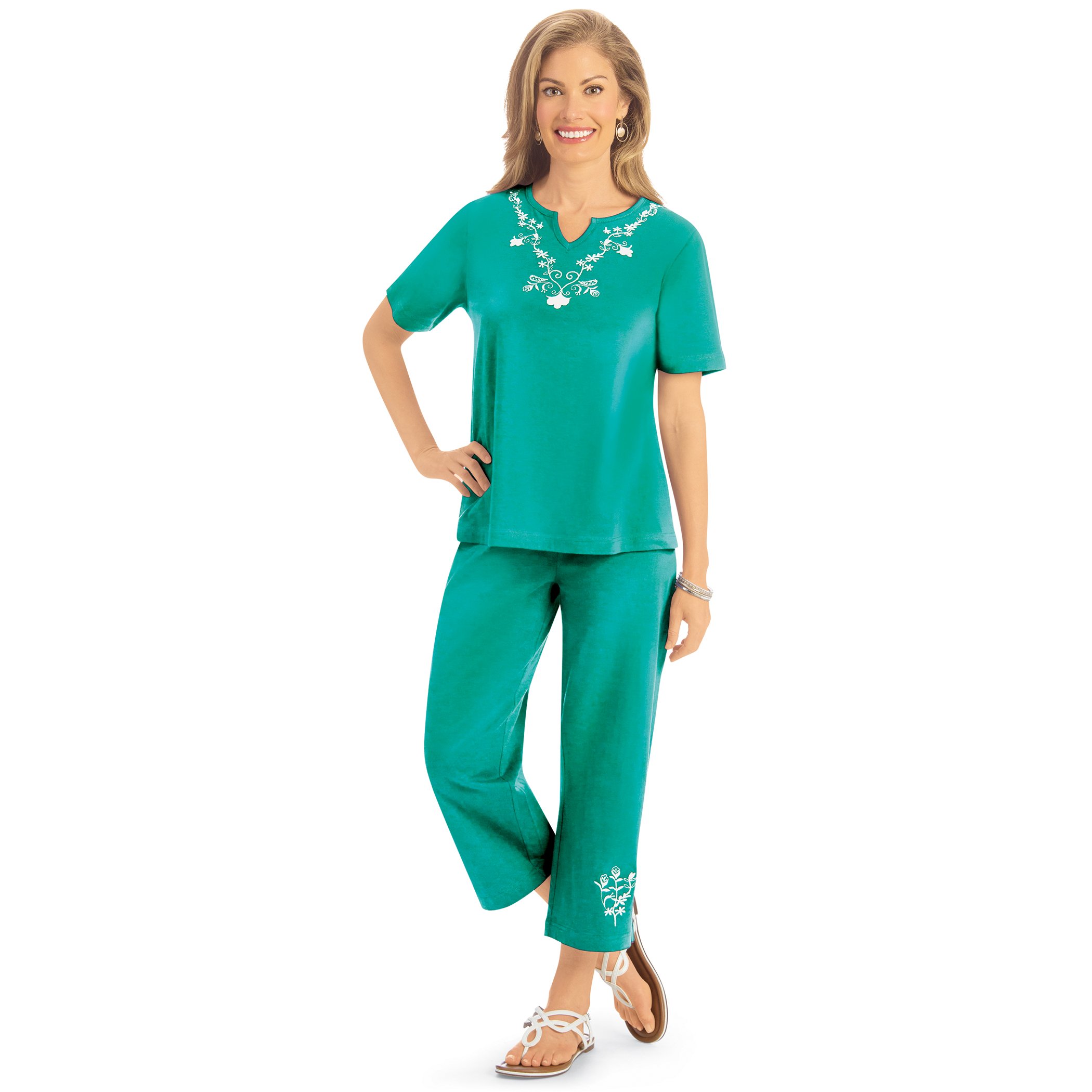 Floral Embroidered 2-Piece Knit Pajama Set Large Women Teal