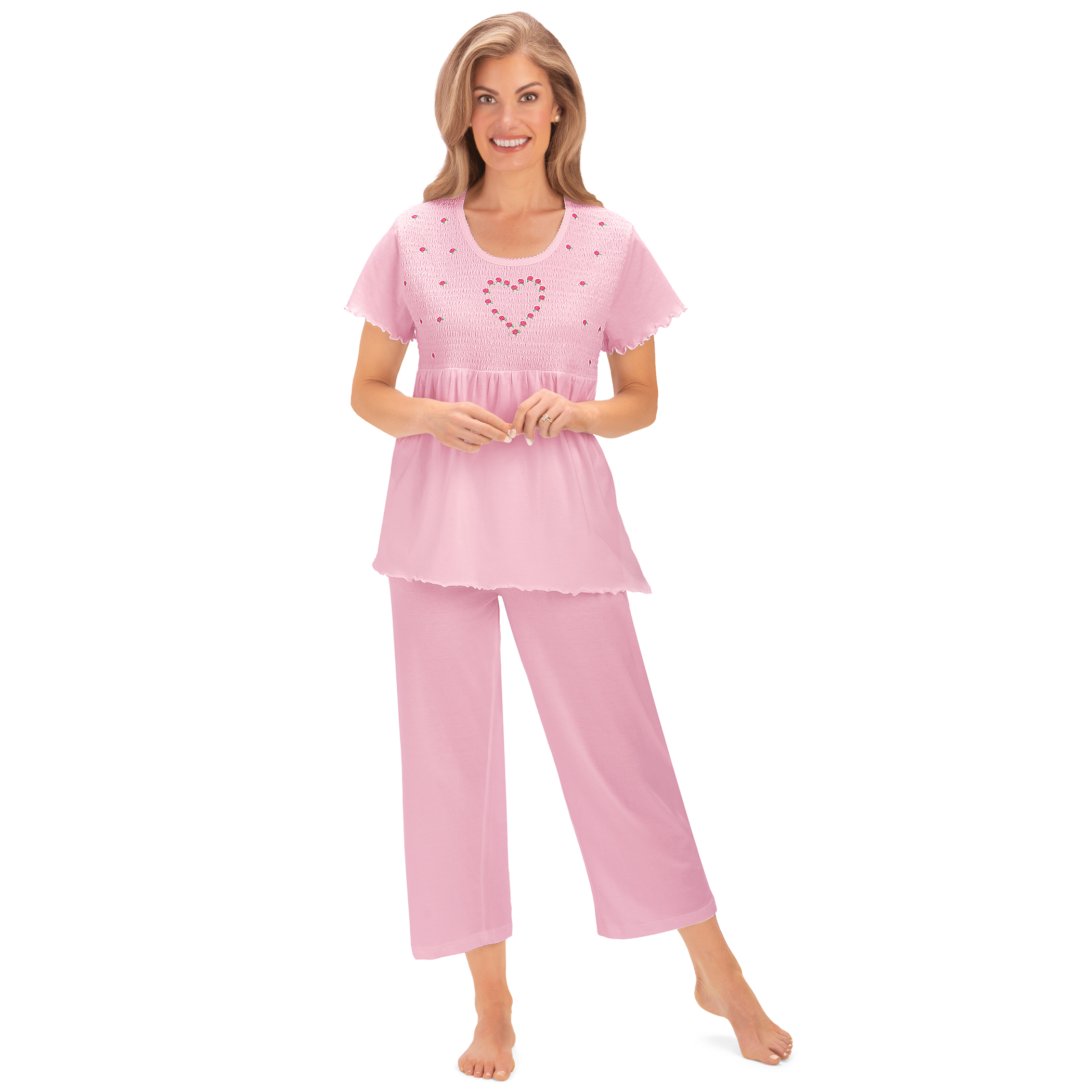 Smocked & Embroidered Rosebud Heart 2-Piece Pajama Set X-Large Women Pink