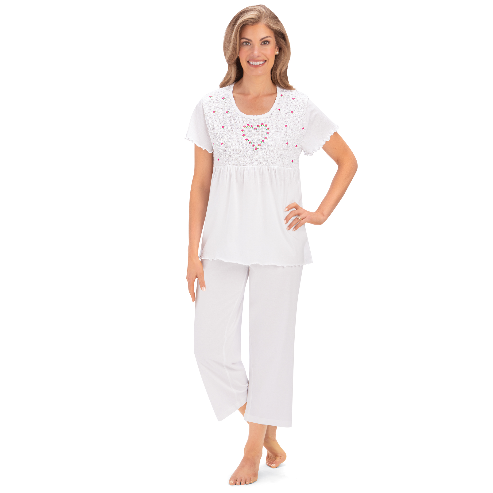Smocked & Embroidered Rosebud Heart 2-Piece Pajama Set Medium Women White