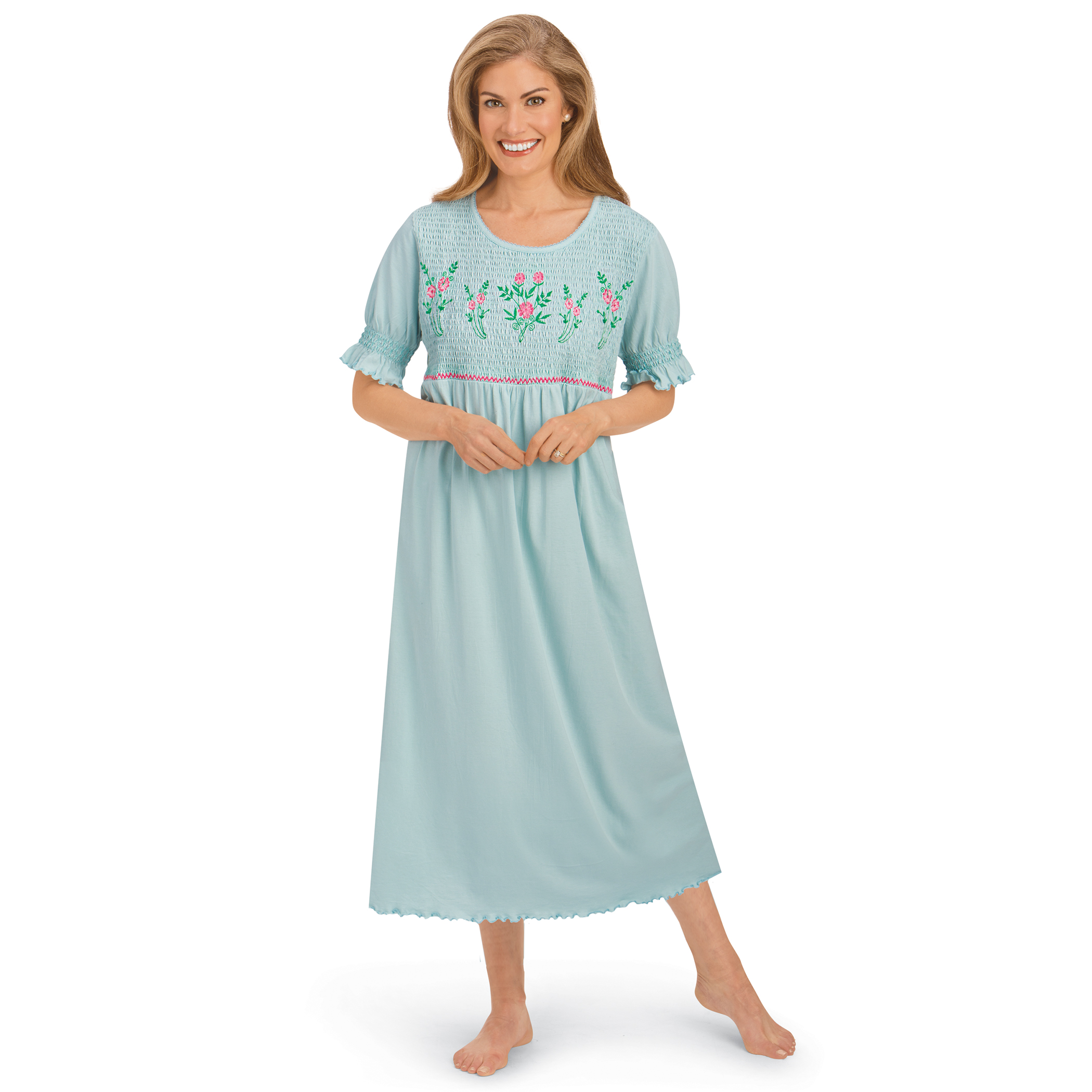 Floral Embroidered Smocked Bust Short Sleeve Nightgown XX-Large Women Light Blue