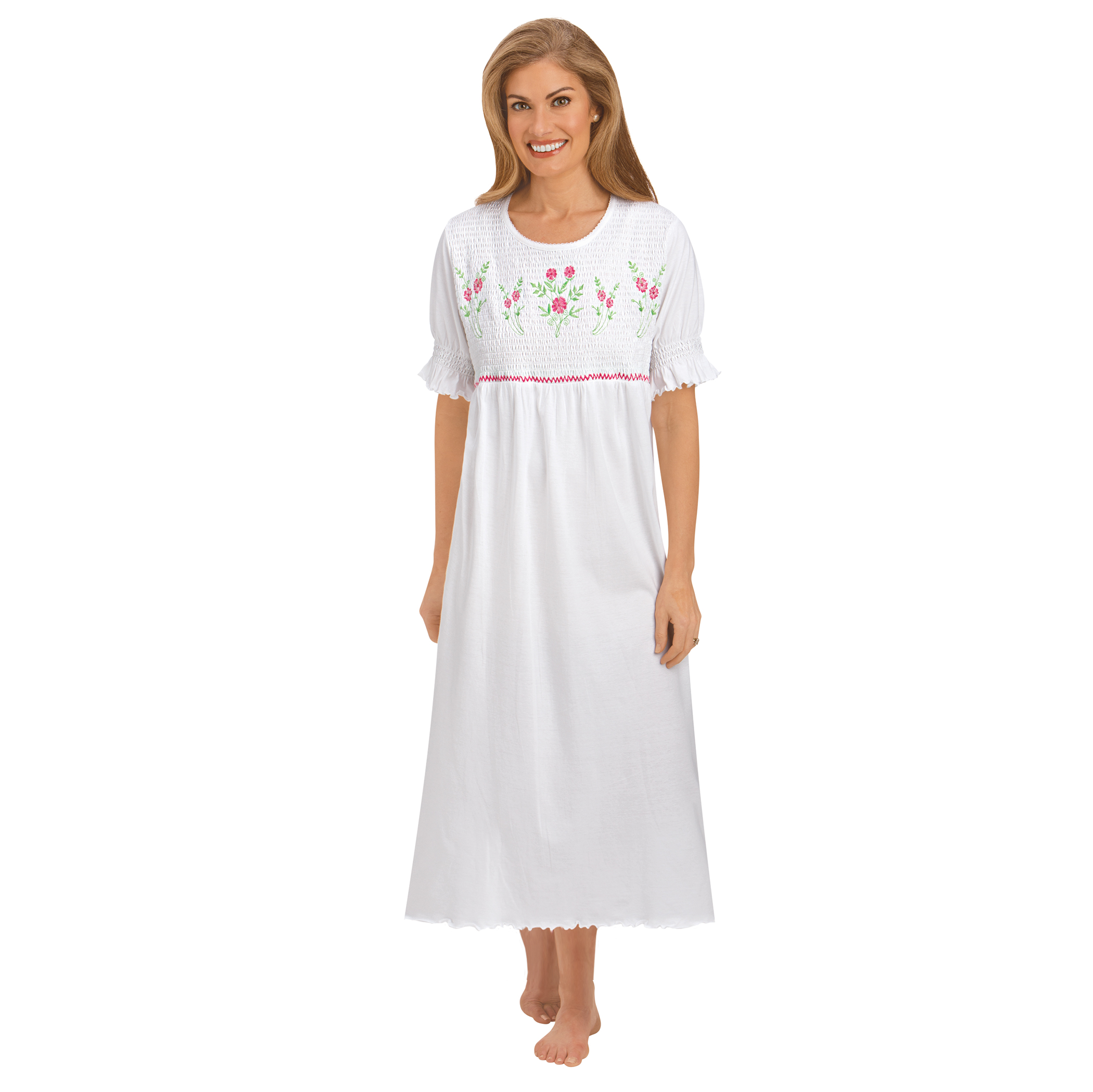 Floral Embroidered Smocked Bust Short Sleeve Nightgown Large Women White