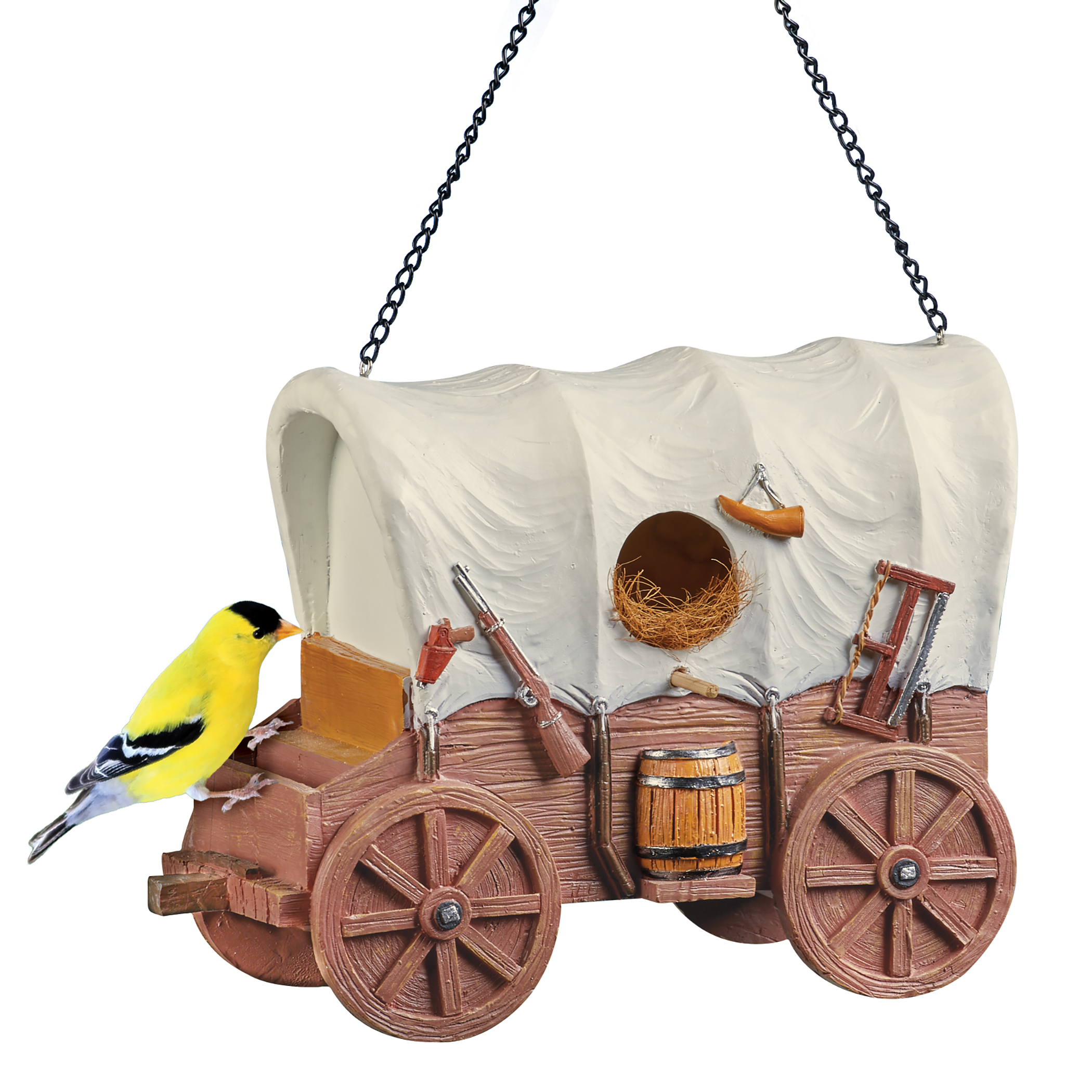Hand-Painted Covered Wagon Hanging Birdhouse Brown