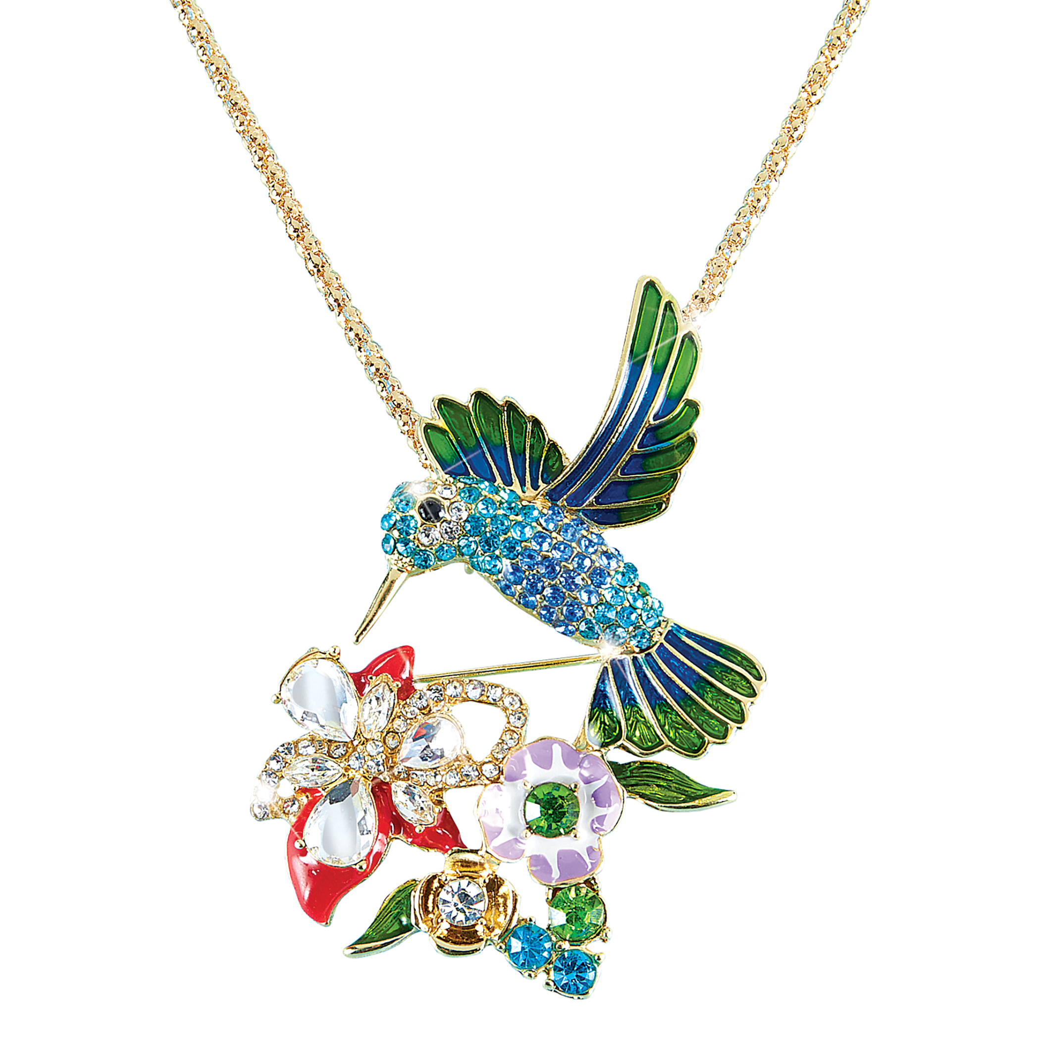 Beautiful Hummingbird Pin & Necklace with Gold-Tone Chain Gold