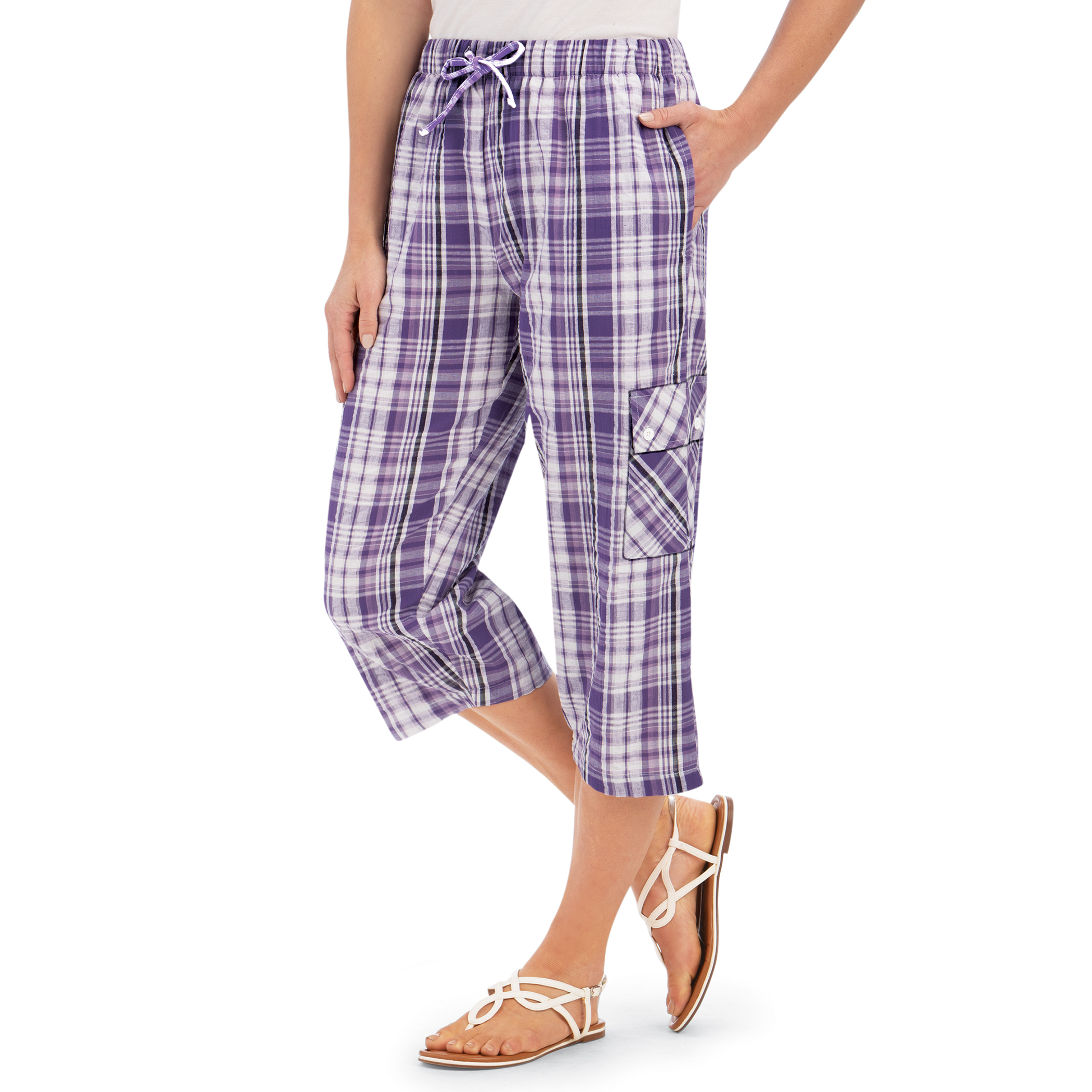 Plaid Seersucker Drawstring Waist Capris Large Women Purple