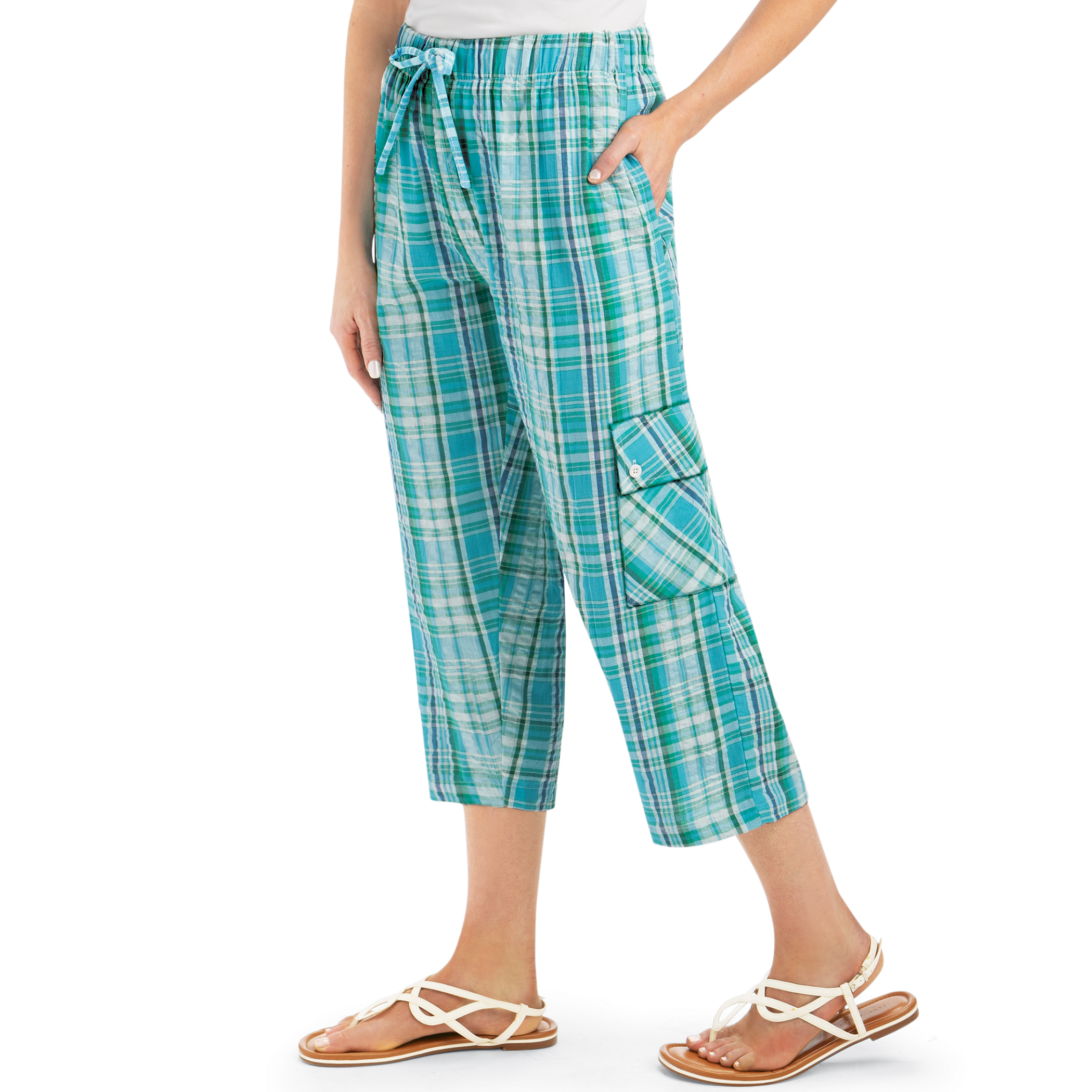 Plaid Seersucker Drawstring Waist Capris Large Women Turquoise