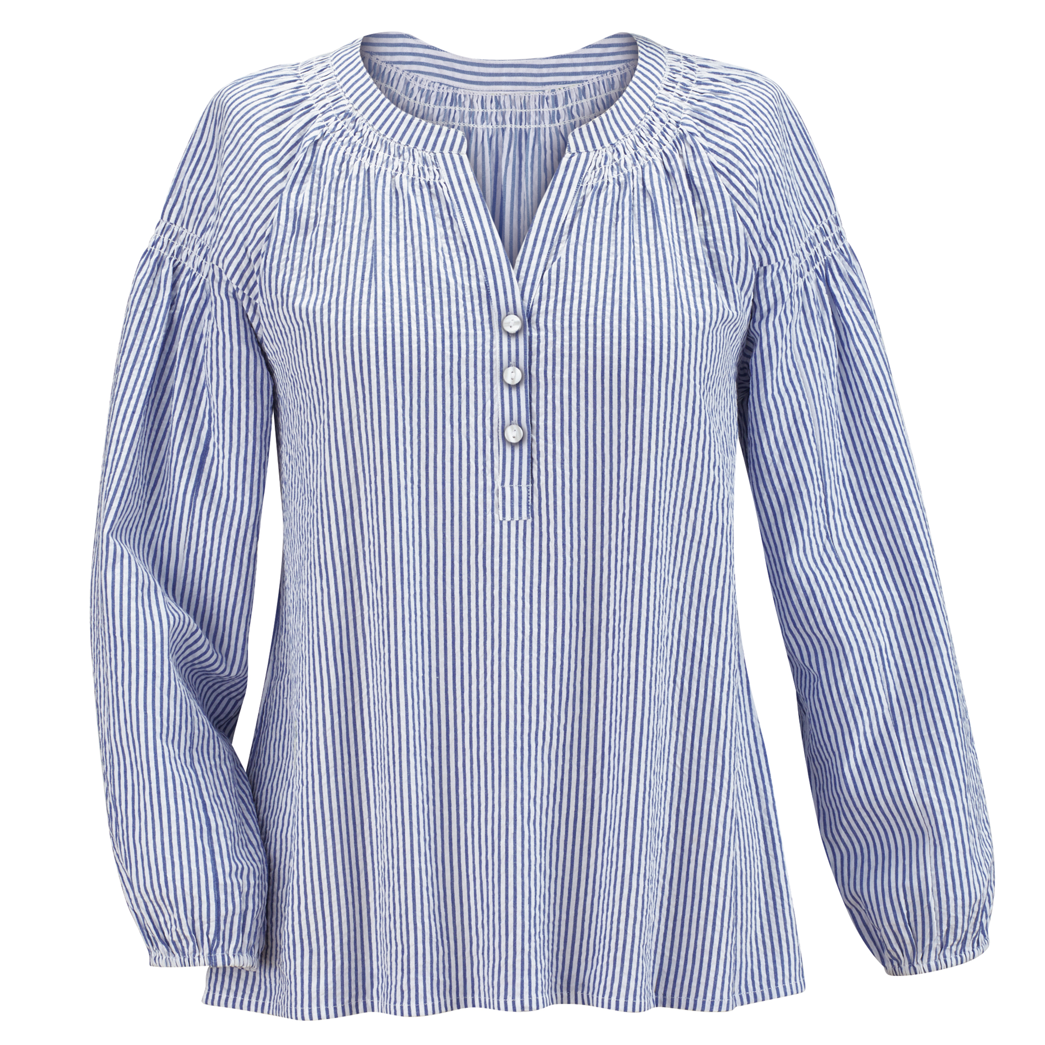 Seersucker Smock Trimmed V-Neck Long Sleeve Shirt XX-Large Women Blue