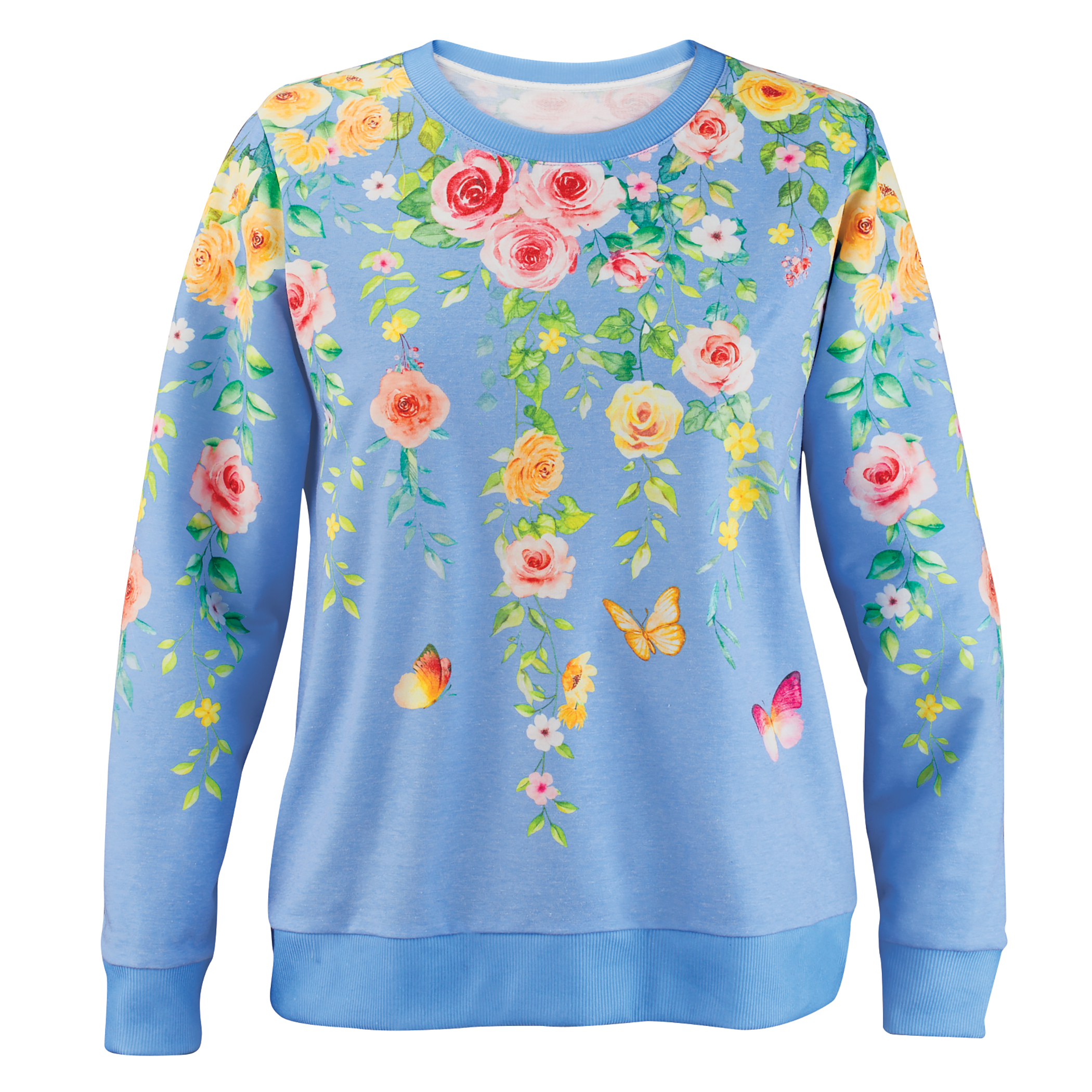 Printed Cascade Floral Comfy Knit Pull-Over Sweatshirt Medium Women Cornflower Blue