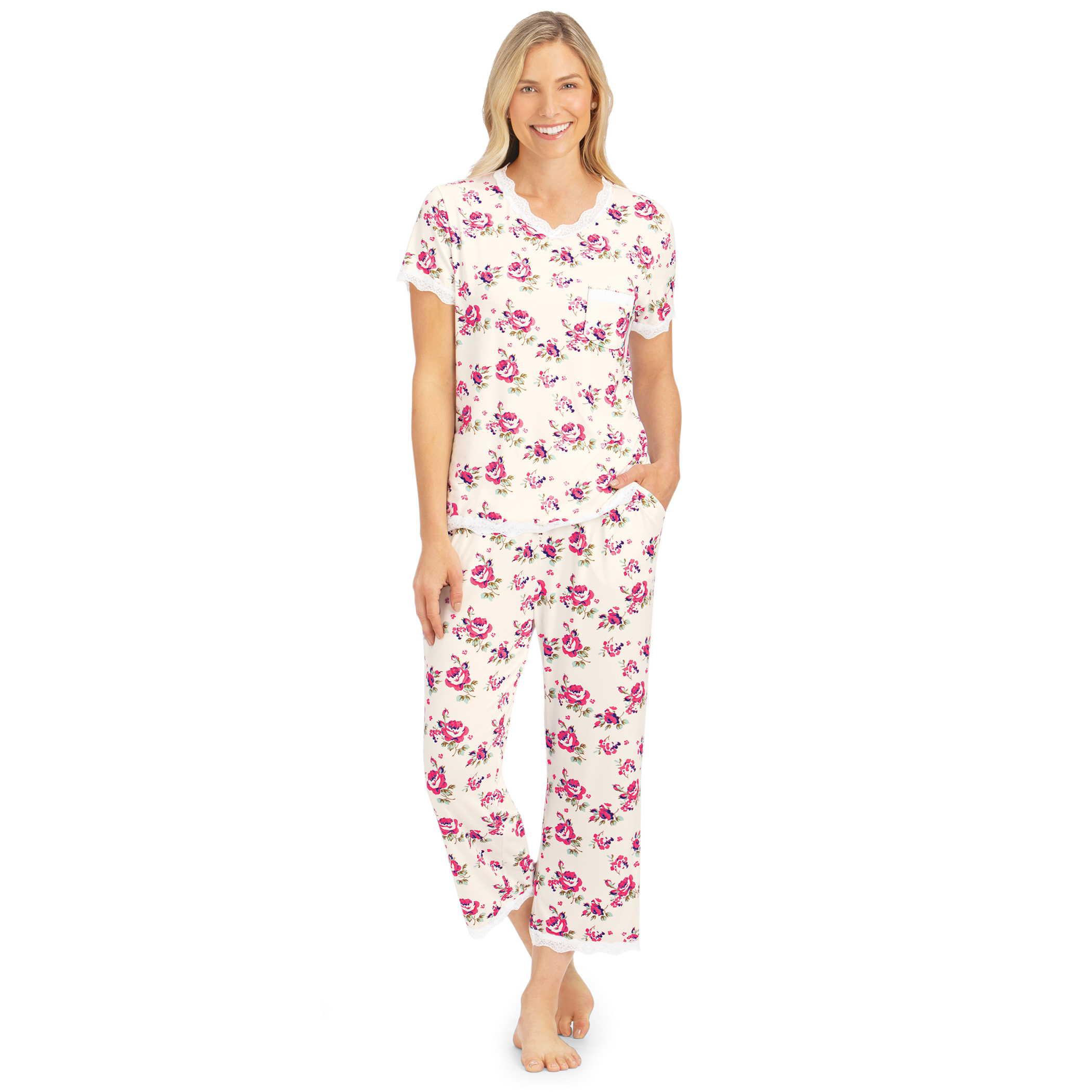 Lace Trimmed Floral 2-Piece Pajama Set Large Women Pink