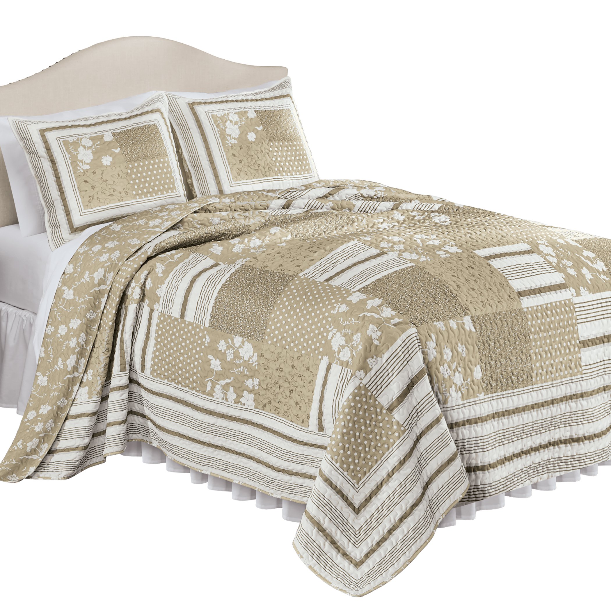 Payton Reversible Floral Stripe Patchwork Oversized Quilt Twin Gender Neutral Taupe