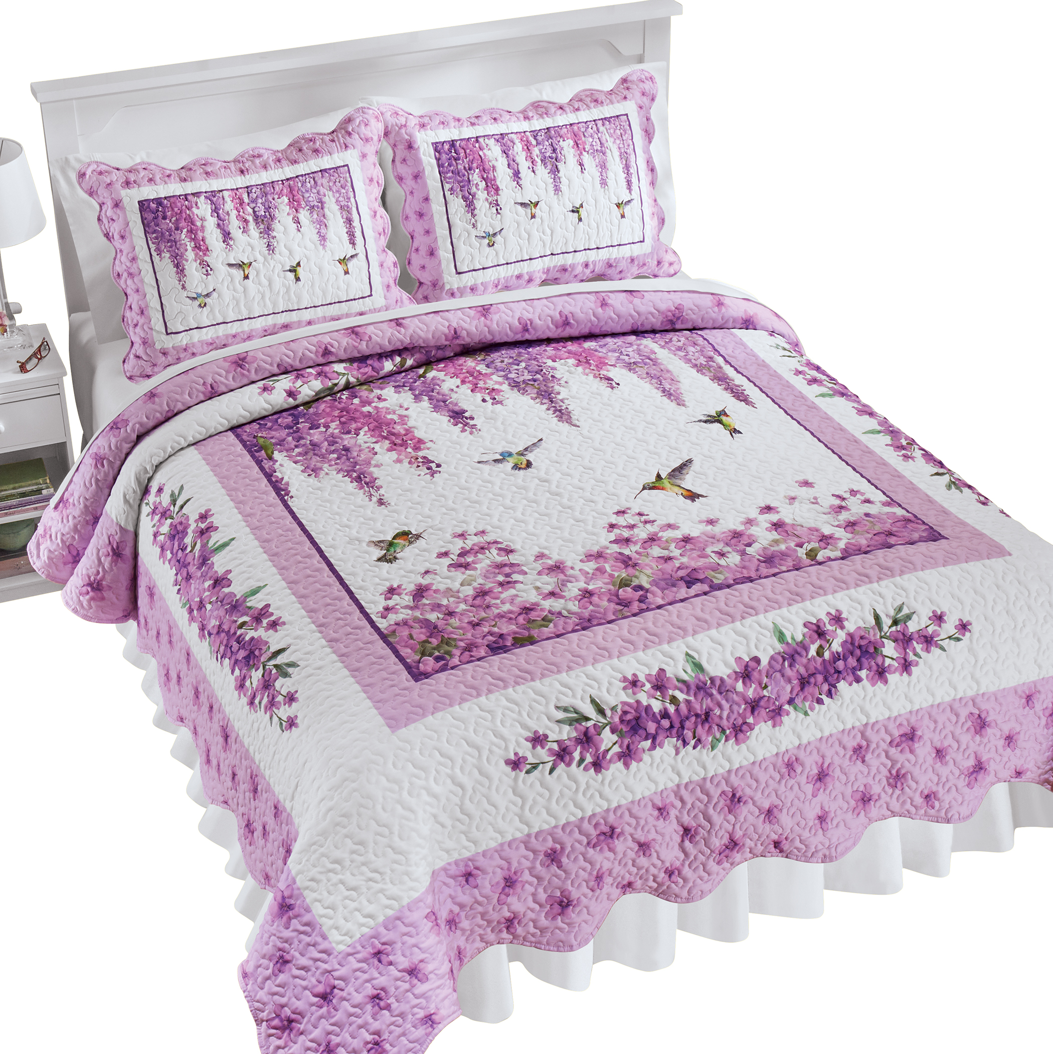 Colorful Hummingbird Purple Wisteria Scalloped Edge Printed Quilt Twin Gender Neutral Multi