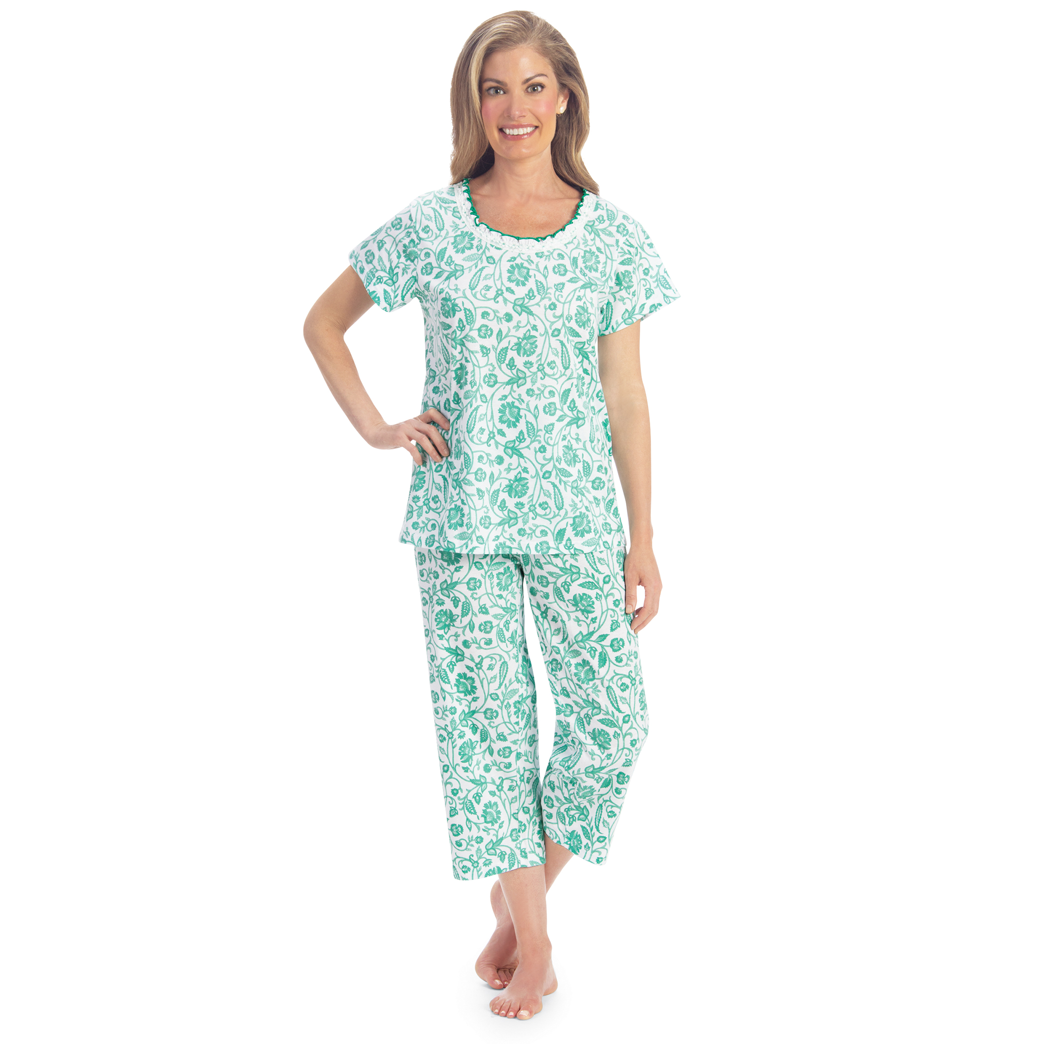 Comfy Floral Print Lace Detailed 2-Piece Capri Pajama Set Large Women Mint