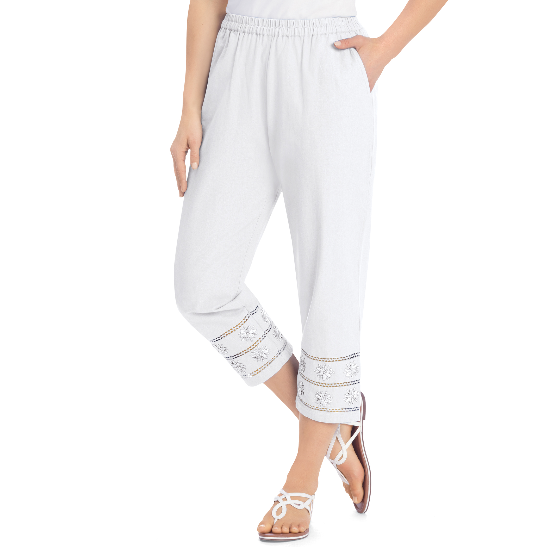 Novelty Trimmed Elasticized Waist Capri Pants Large Women White