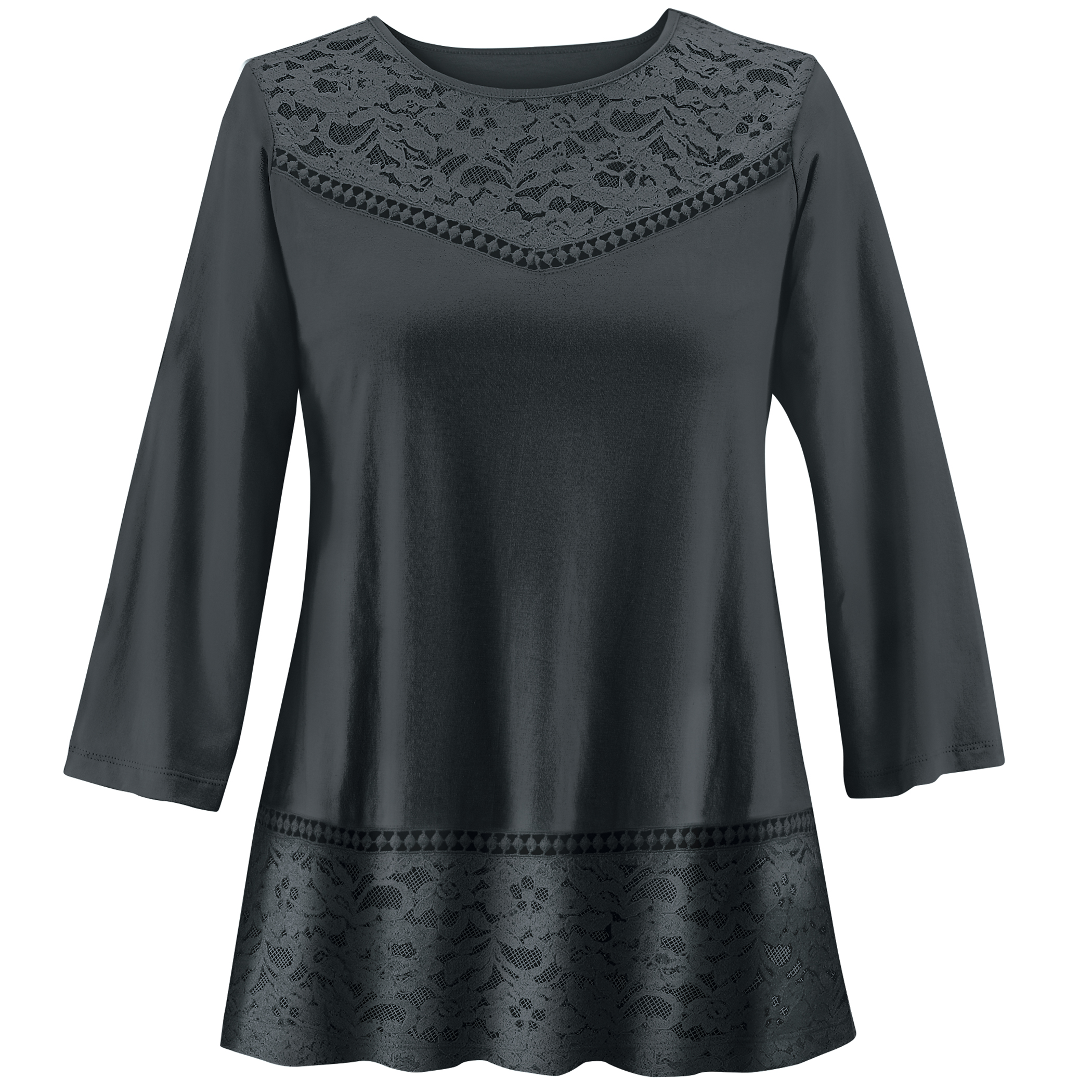 Stylish Lace Bodice & Hem 3/4 Length Sleeve Tunic XX-Large Womens Black