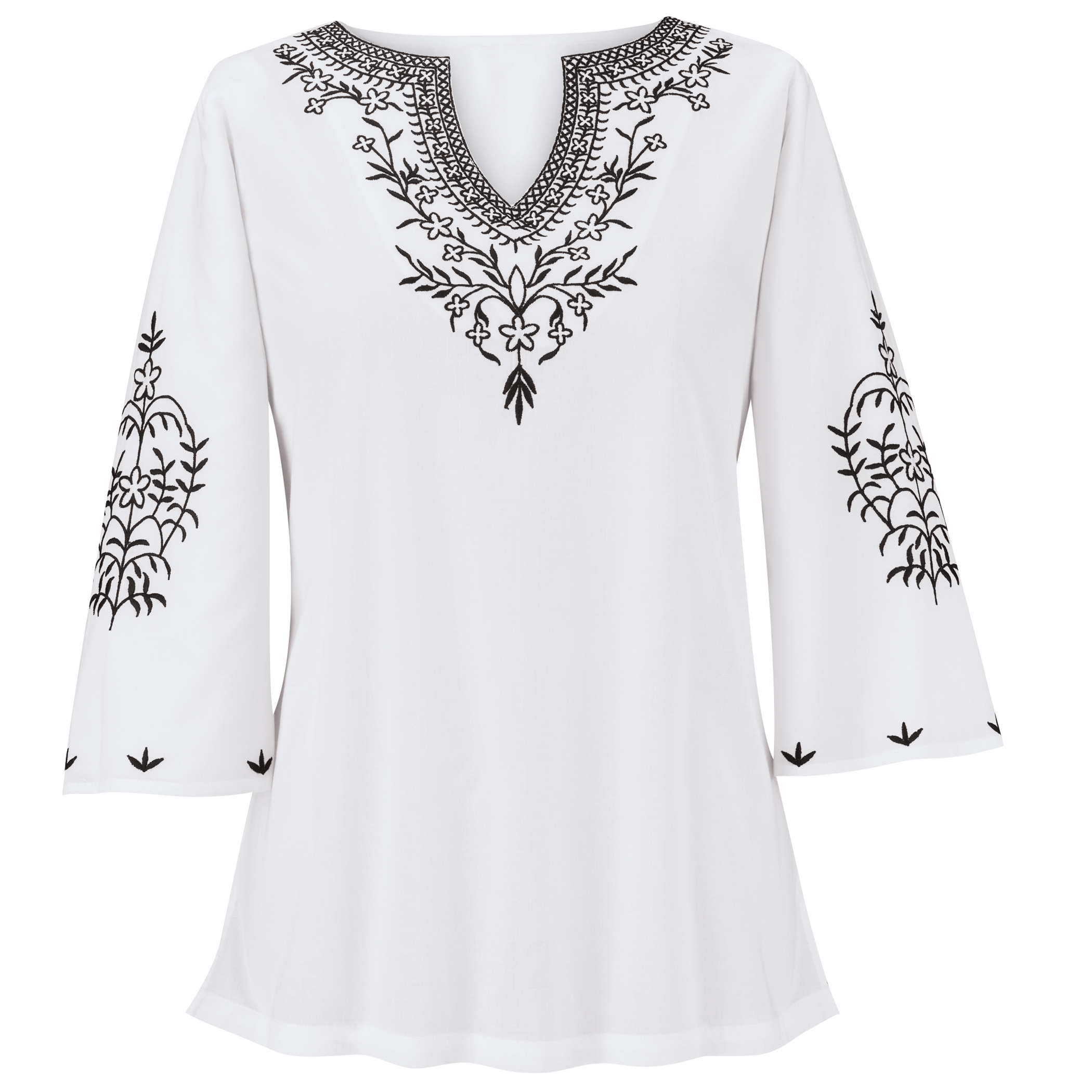 Tonal Embroidered Easy Fit V-Neck Long Length Tunic Medium Women Black