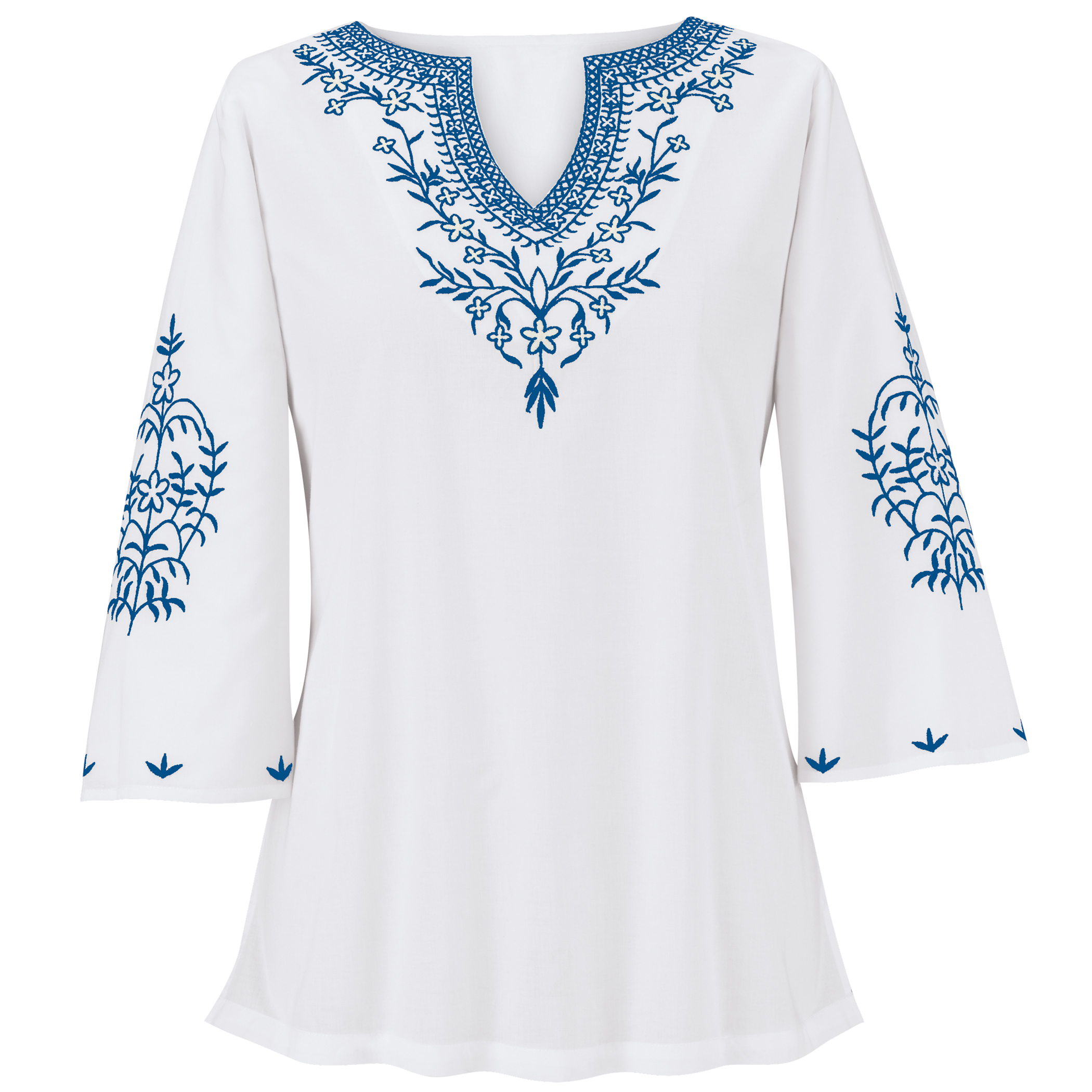 Tonal Embroidered Easy Fit V-Neck Long Length Tunic Medium Women Blue