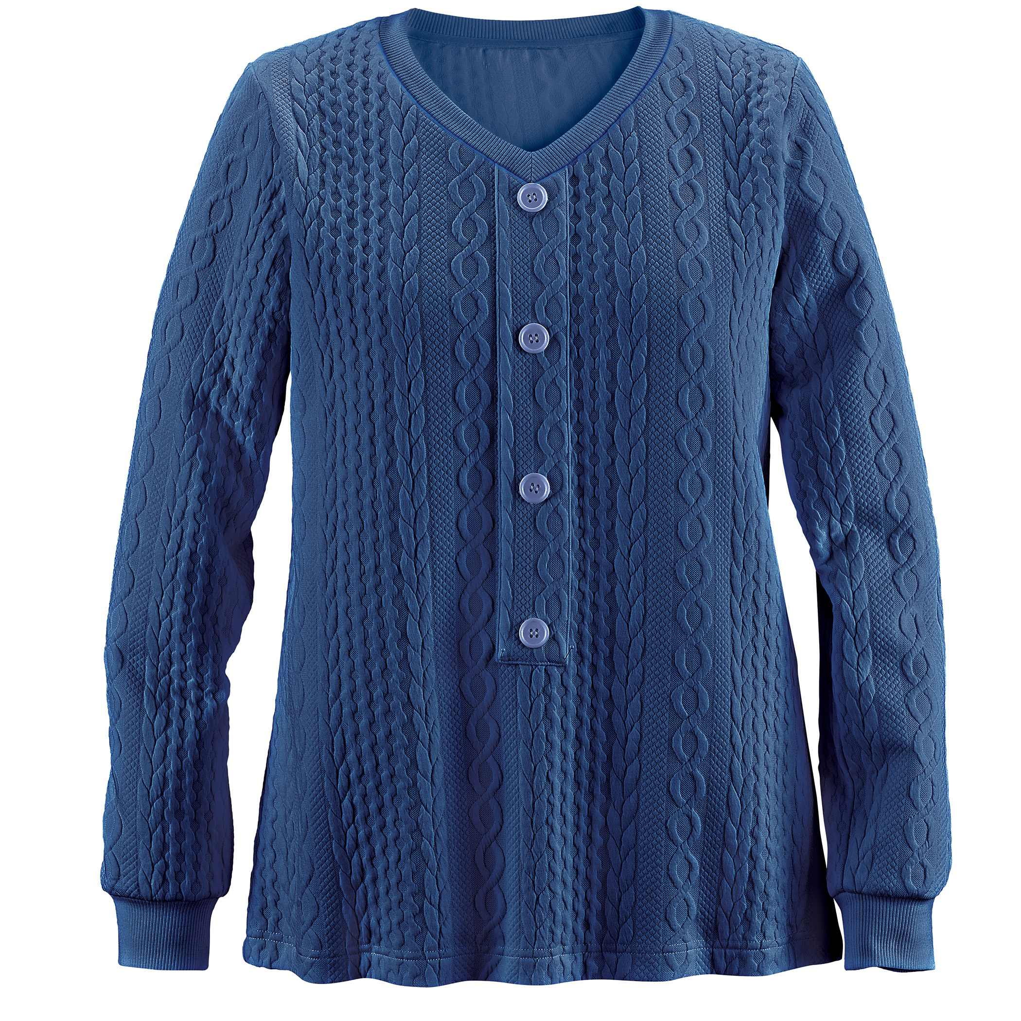 Cable Knit V-Neck Pull-Over Faux Button Top X-Large Womens Navy